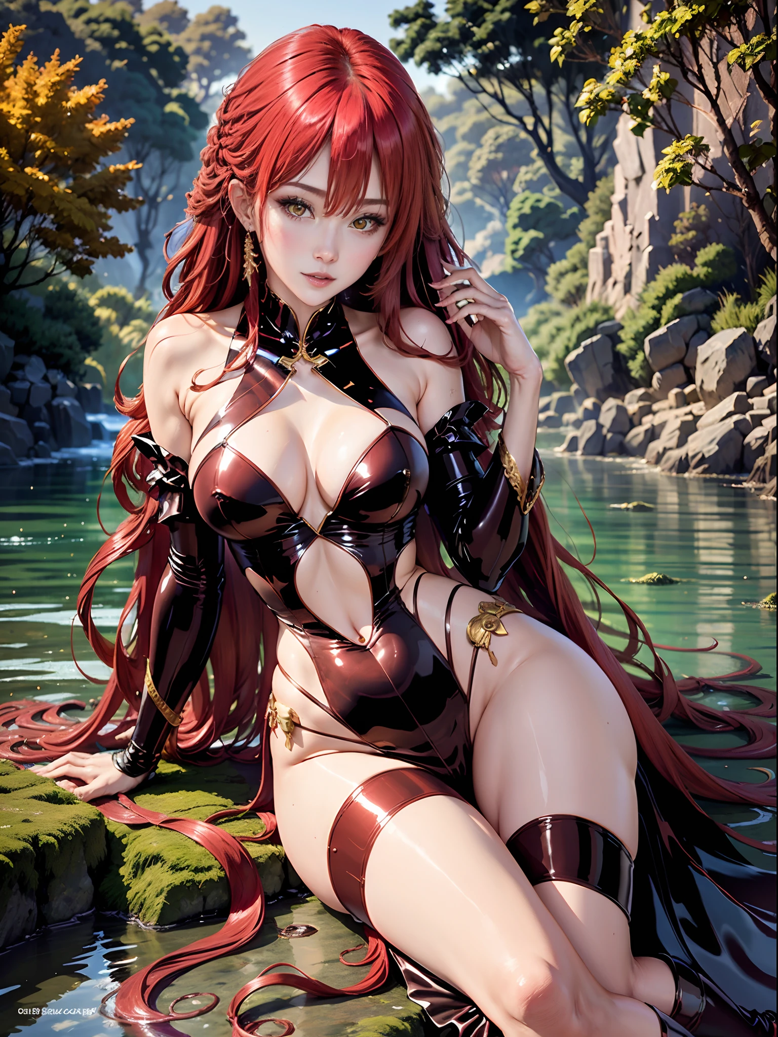 （Enrich the picture，Masterpiece level quality）Beautiful 8K CG artwork，Goddess-like posture，sittinng on the river，Postural exercises，Slim and soft，Translucent skin，Red hair、The beauty of extra-long hair, Super Long Straight Hair，The skin is fair and juicy，Big breasts erotic lingerie uniform，Perspective Part 1.2x enhanced silhouette effect，Exquisite transparent blues pattern in pajamas，The details are intricate and exquisite，The background is slightly blurred，Charming and lustful leg seduction，Drool，J cup big breasts，Blush，Japan goddess，Perfect body slim curves，Scene by the sea，