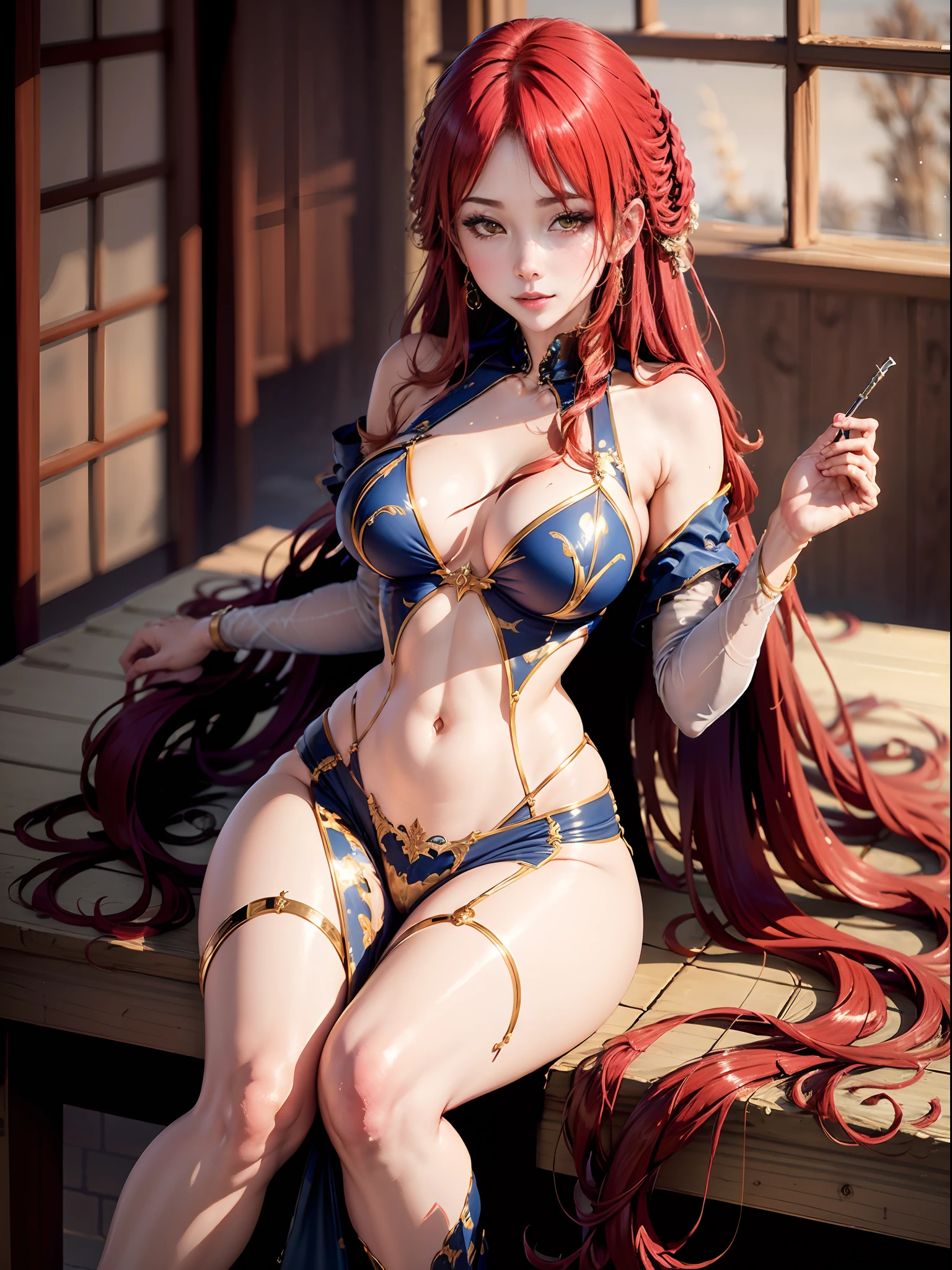 (Enrich the picture,Masterpiece level quality)Beautiful 8K CG artwork,Goddess-like posture,sittinng on the river,Postural exercises,Slim and soft,Translucent skin,Red hair、The beauty of extra-long hair, Super Long Straight Hair,The skin is fair and juicy,Big breasts erotic lingerie uniform,Perspective Part 1.2x enhanced silhouette effect,Exquisite transparent blues pattern in pajamas,The details are intricate and exquisite,The background is slightly blurred,Charming and lustful leg seduction,Drool,J cup big breasts,Blush,Japan goddess,Perfect body slim curves,Scene by the sea,
