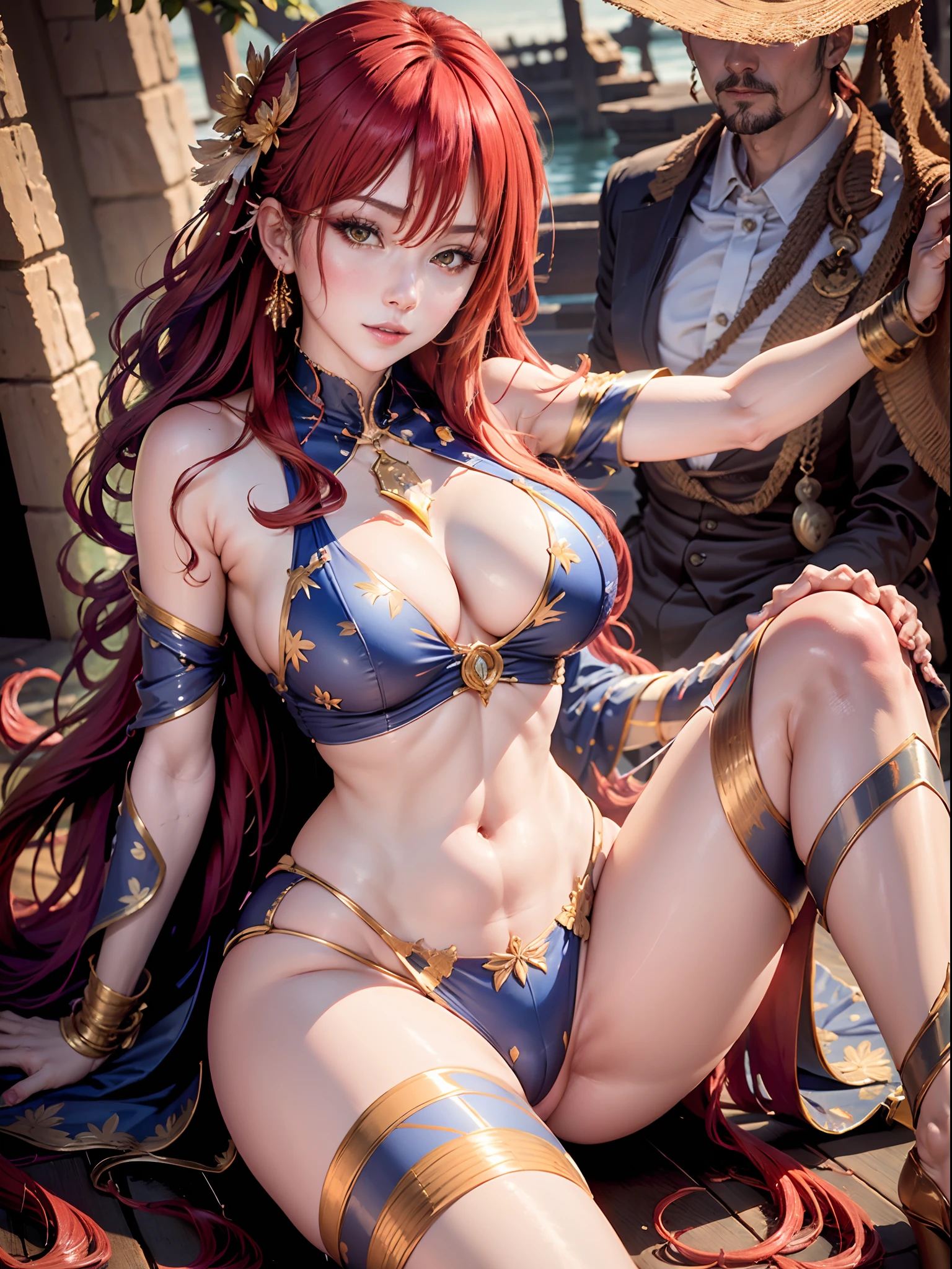 (Enrich the picture,Masterpiece level quality)Beautiful 8K CG artwork,Goddess-like posture,sittinng on the river,Postural exercises,Slim and soft,Translucent skin,Red hair、The beauty of extra-long hair, Super Long Straight Hair,The skin is fair and juicy,Big breasts erotic lingerie uniform,Perspective Part 1.2x enhanced silhouette effect,Exquisite transparent blues pattern in pajamas,The details are intricate and exquisite,The background is slightly blurred,Charming and lustful leg seduction,Drool,J cup big breasts,Blush,Japan goddess,Perfect body slim curves,Scene by the sea,