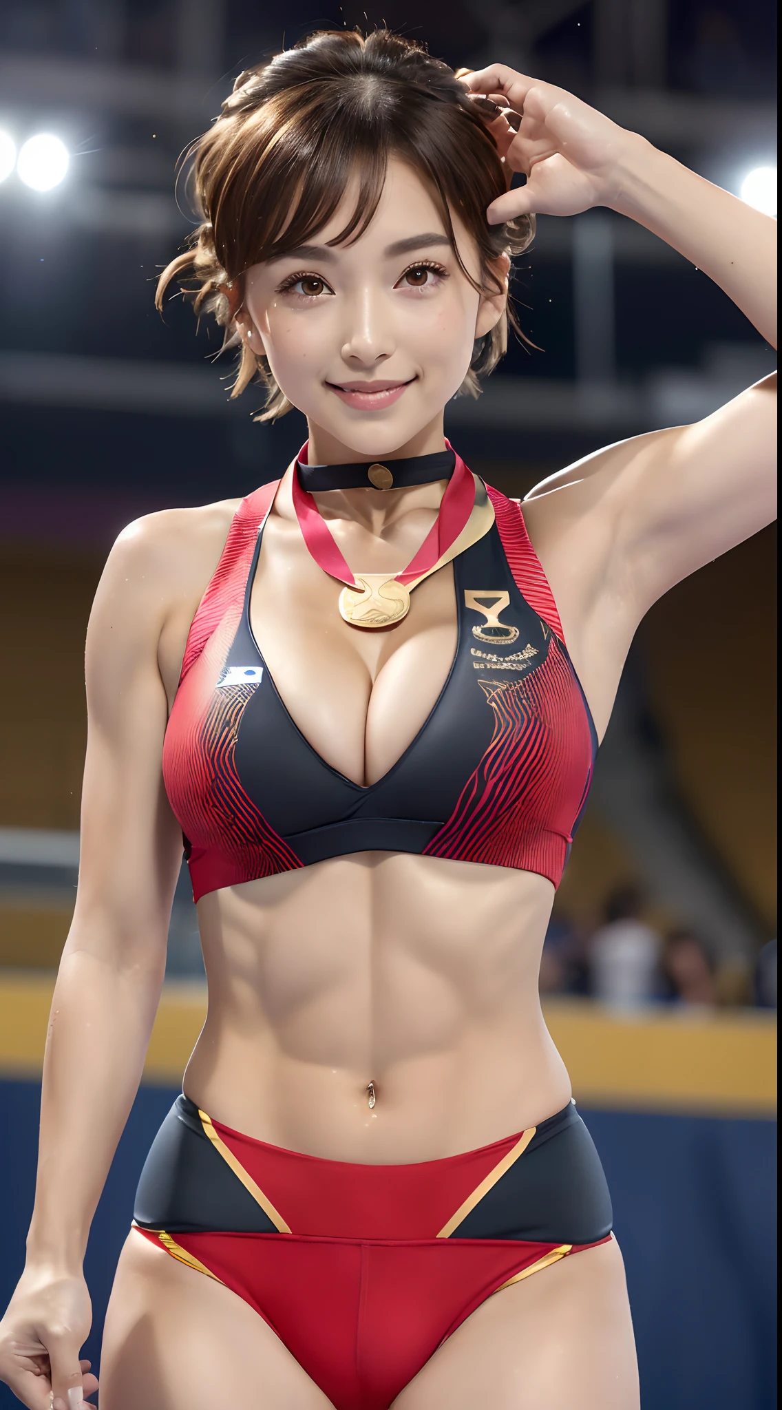 8K、 超A high resolution、Best Quality、Photorealsitic、hightquality、high-detail、masuter piece、(huge-breasted、cleavage of the breast:1.3)、Lower breast、(Red and black、Racing Bloomers、Sportsbra:1.2)、track and field club、(Standing on the podium、Wear one gold medal around your neck、1 medal、Wave one hand to the audience above:1.45)、(Brown-haired short-haired chignon:1.2)Extraordinary beauty、(Toned body、Split abs、Show armpits:1.3)Big eyes、Obviously double eyelids、(On a short track in the athletics arena:1.3)、serious facial expression、RunningShoes