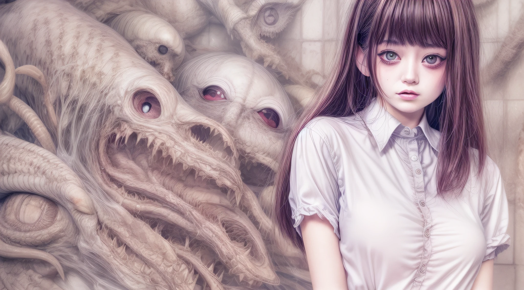 1girl, 22 years old, wearing white open silk fully unbuttoned see through shirt, jueri-anarupuragu, upskirt, thighhighs, monsters at backgroud, junji ito artwork, in style of junji ito, art style of junji ito, junji ito style, horror manga, yoshitaka amano and junji ito, junji ito and greg rutkowski, junji ito undertones, inspired by Junji Ito