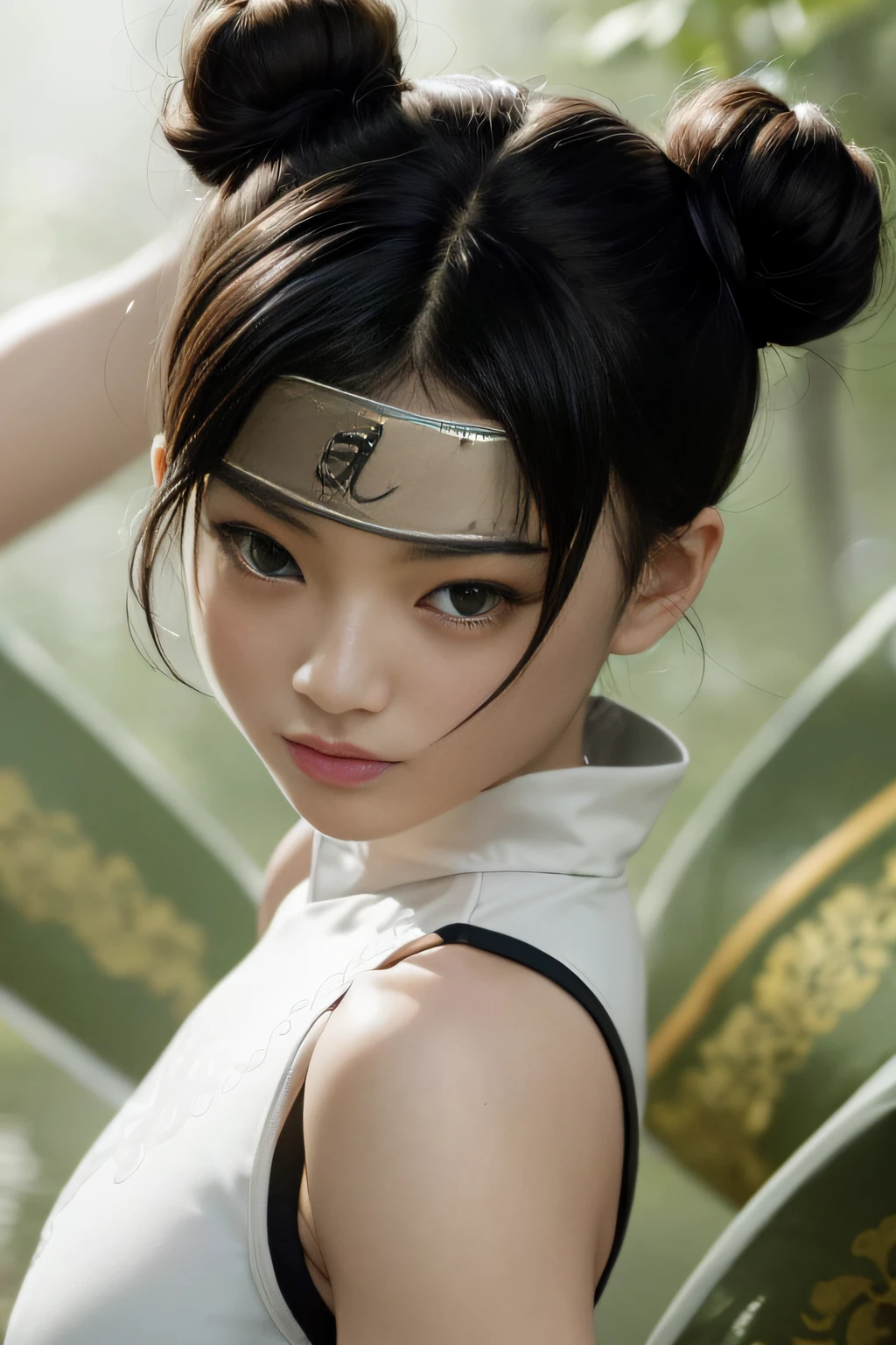 8k, real picture, intricate details, ultra-detailed,(photorealistic), pale skin, asian girl, look at viewer,
tenten, double bun, forehead protector, white china dress, kung fu poses, fist
angry,
 a whirlwind of water in the background,