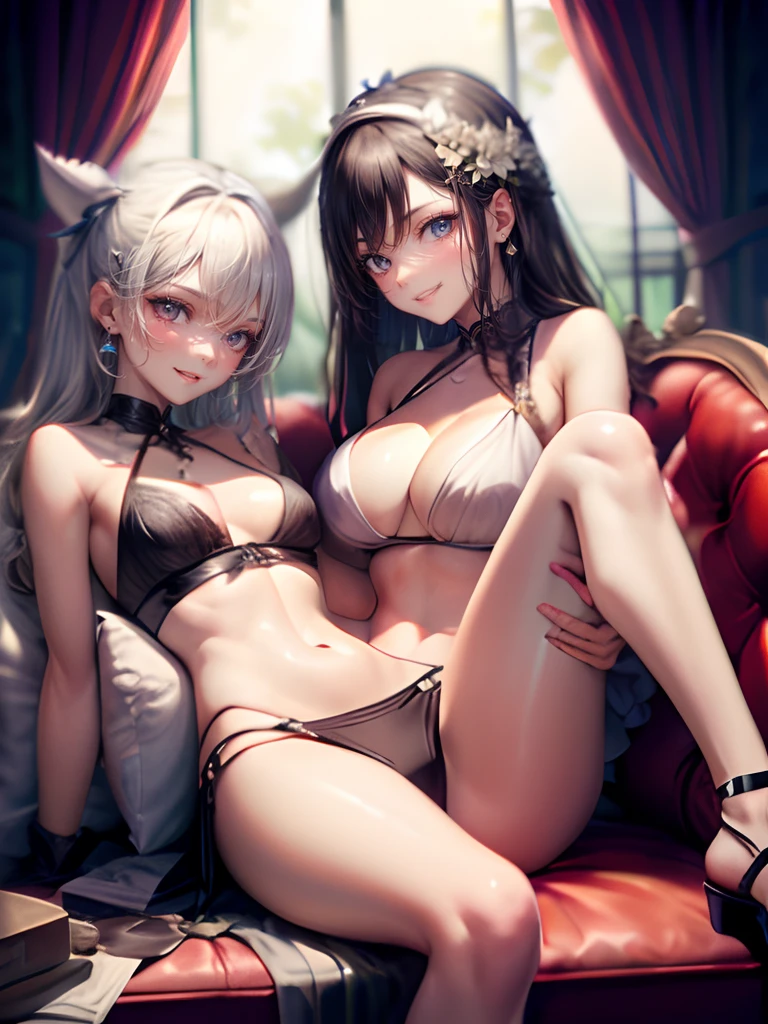 tmasterpiece, High- sharpness, Best quality at best, 2girls, Touch your legs, ssmile,Bigchest,perfect bodies,Fair skin,Smooth skin,Long legs