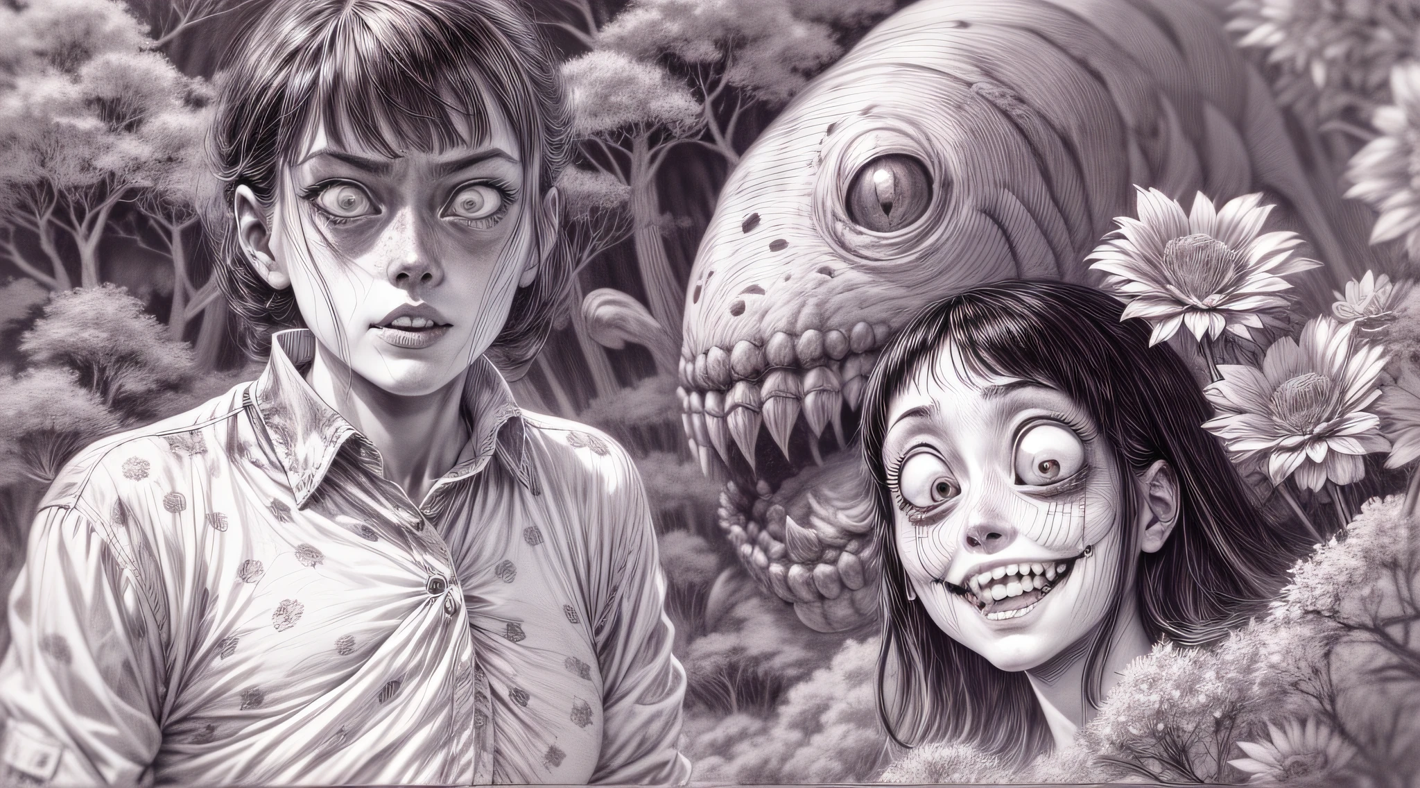 a black and white drawing of a monster and a woman on the ground, Black Gothic Nun Dress , gigantic massive long saggy hanging down teardrop sagging dropping Breasts, smile, Sakura flower, Sakura trees, falling flowers, junji ito artwork, in style of junji ito, art style of junji ito, junji ito style, horror manga, yoshitaka amano and junji ito, junji ito and greg rutkowski, junji ito undertones, inspired by Junji Ito