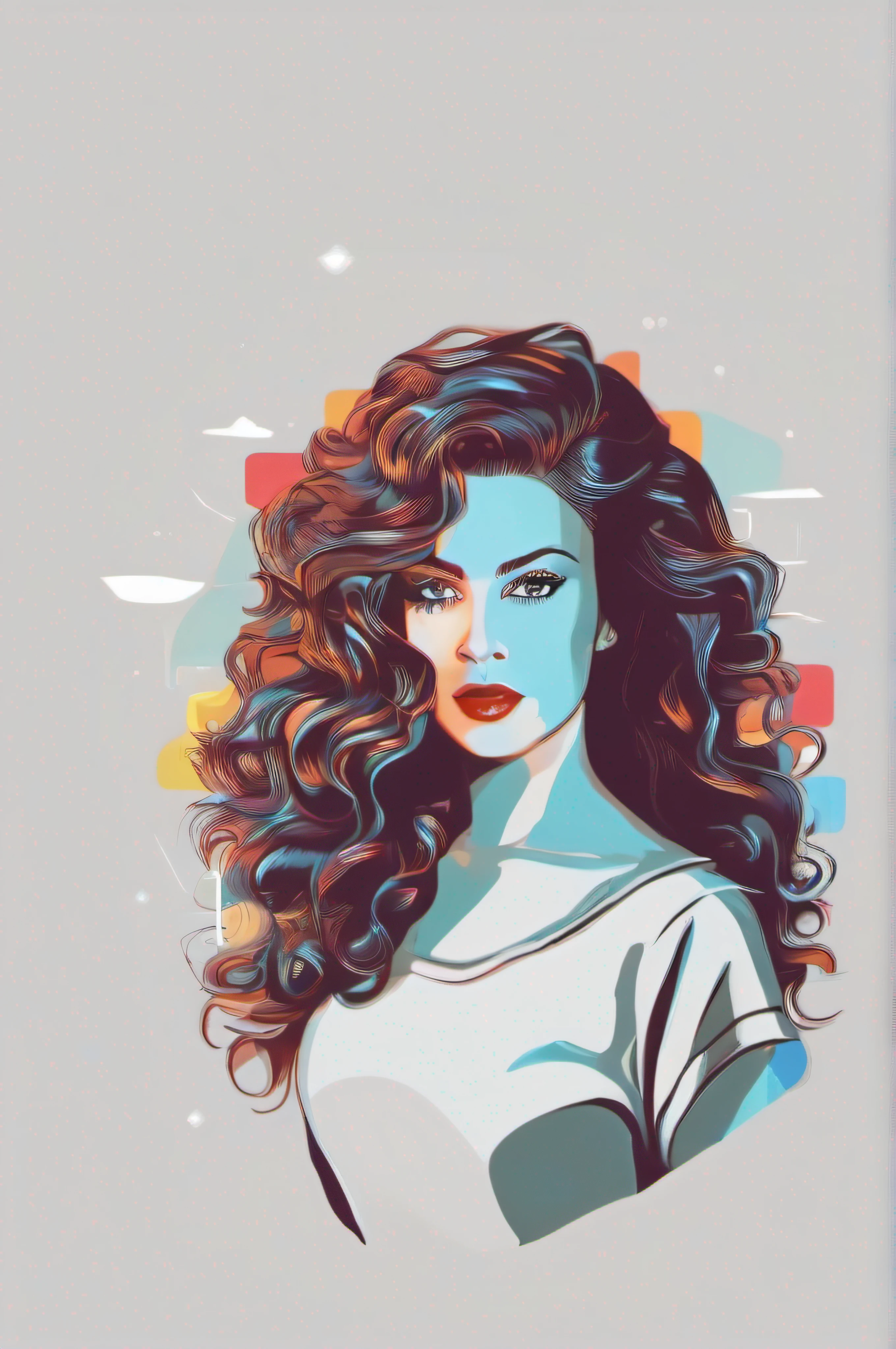 T-shirt graphic design art, flat illustration of a woman's face photography, 30s, brunette, curly hair, highly detailed face, vector image, photorealistic masterpiece, professional photography, smooth white background, isometric, vibrant, vector
