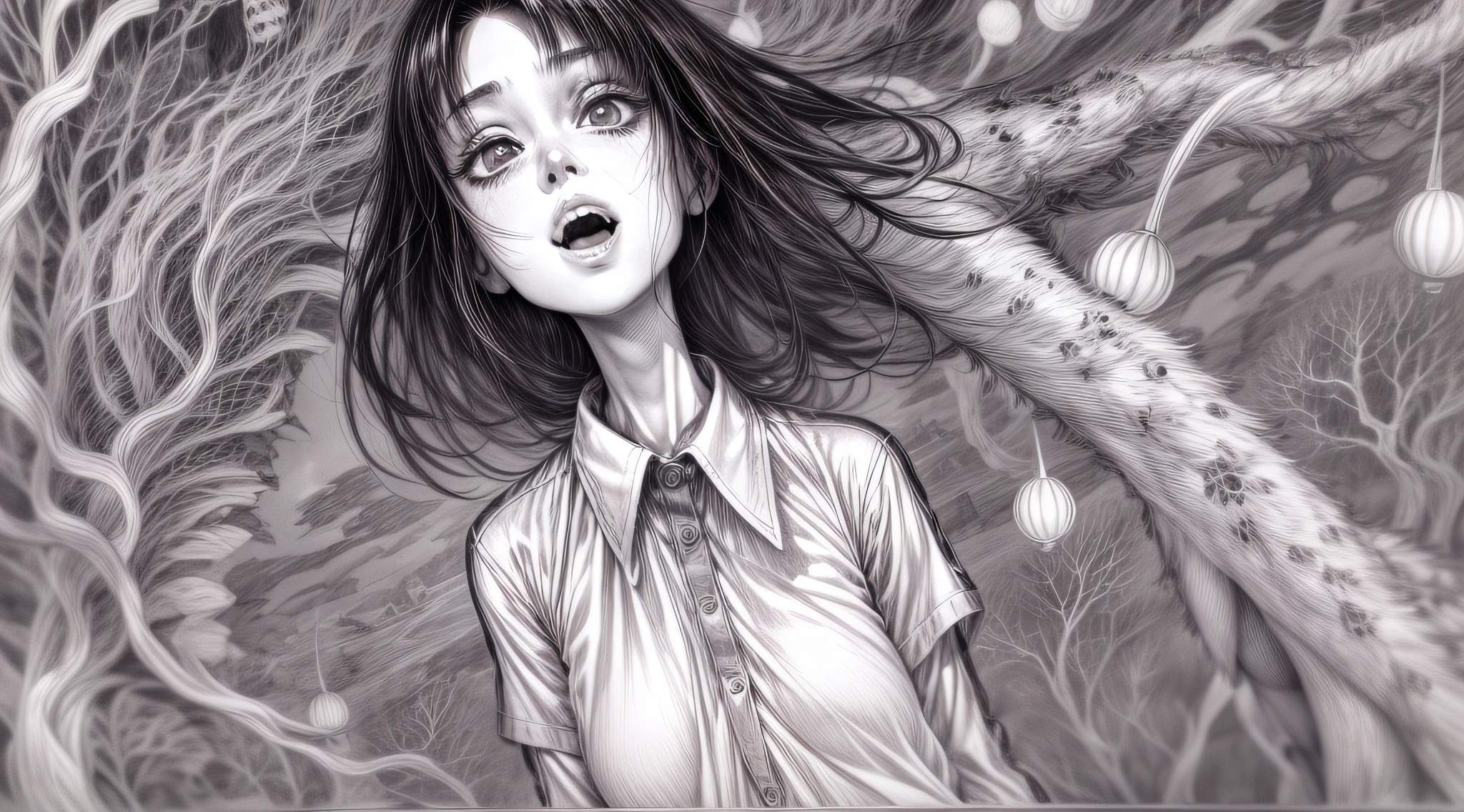 a black and white drawing of a monster and a woman on the ground, Open silk fully unbuttoned see through shirt, gigantic massive long saggy hanging down teardrop sagging dropping tits, smile, Sakura flower, Sakura trees, falling flowers, junji ito artwork, in style of junji ito, art style of junji ito, junji ito style, horror manga, yoshitaka amano and junji ito, junji ito and greg rutkowski, junji ito undertones, inspired by Junji Ito