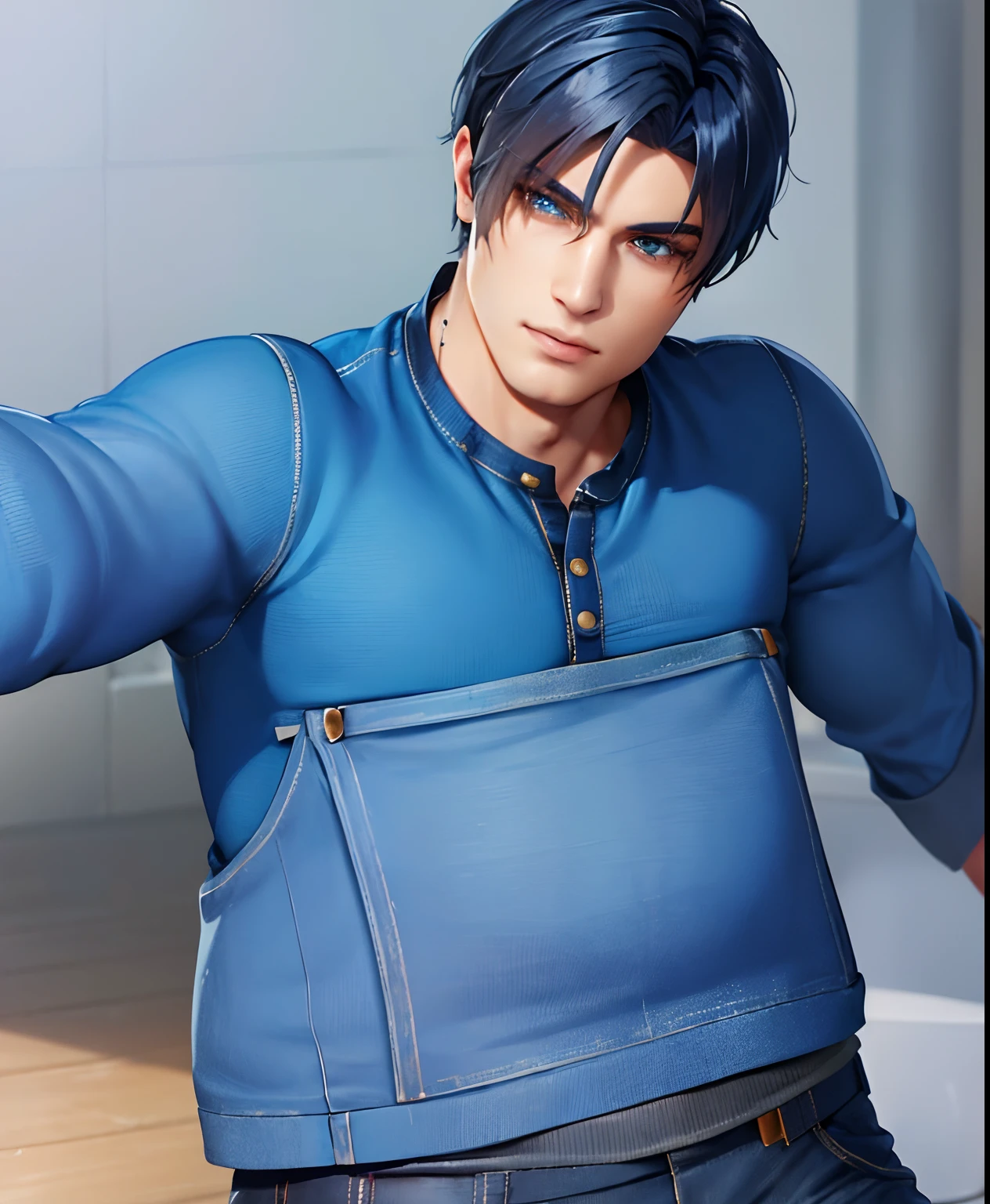 a close up of a lego man with a blue jacket and jeans, roblox avatar, roblox, upper body avatar, hyper realistic style, realistic clothing, blue jeans. unreal 5, realistic style, light blue skin, oc rendered, highly detailed upper body, full body shot hyperdetailed, roblox screenshot, realistic shaded, very detailed and rich clothing
