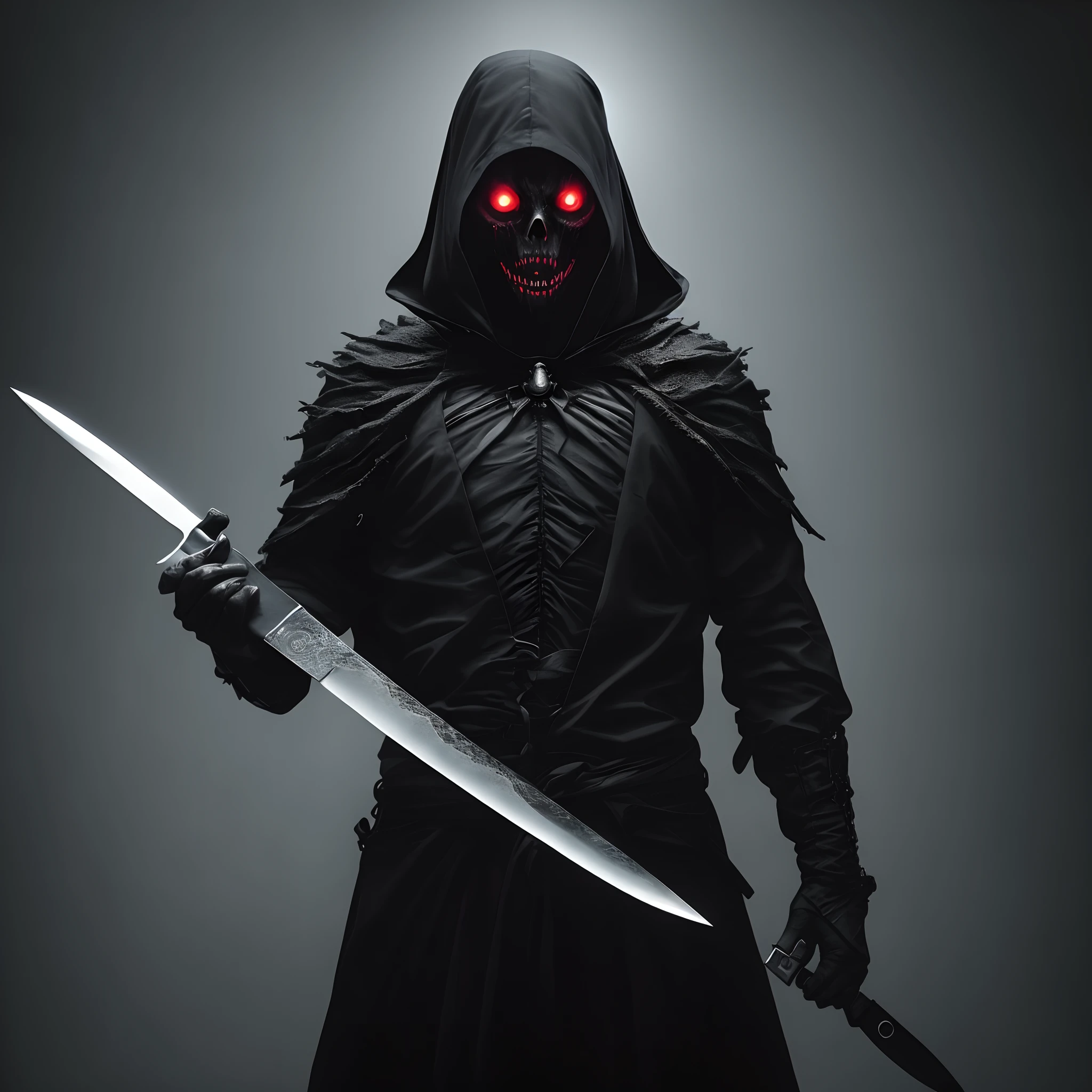 Create a terrifying picture of a psycopath just standing who is looking completely dark with a knife in hand