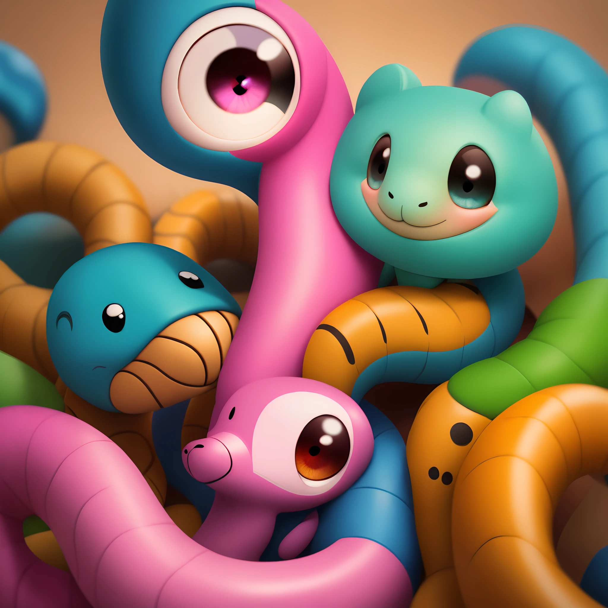 Pink cartoon snake cub,Only one eye,There are pink explosive heads,There are small arms and hands