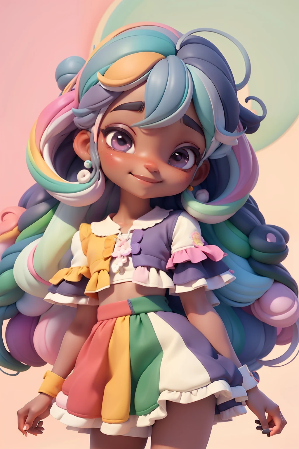 loli negra multicolor, fofa, roupas delicadas e grandes, tons pastel multicolor, sorriso meigo e delicado, corpo inteiro, olhos delicados e cabelos multicolor, fundo simples e branco