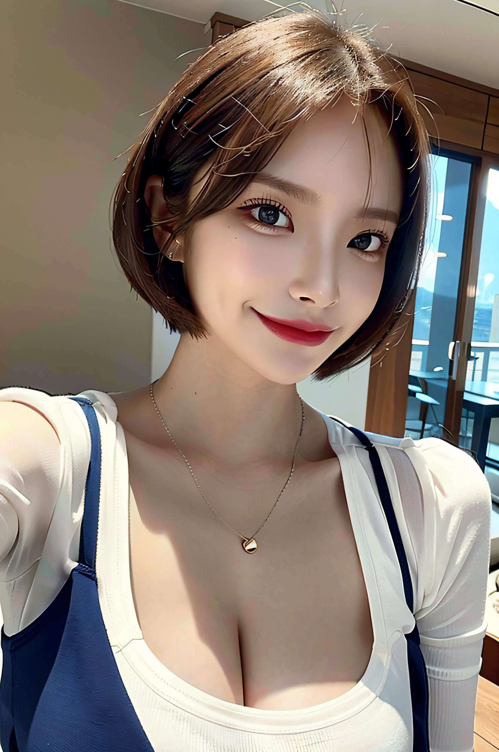 Incomparable masterpiece, perfect artwork, ((perfect female figure)), short hair, blonde, skinny, realistic, solo, (realism: 1.4), best quality, super high resolution, 1girl, porcelain, kpop ido, (extra large breasts), full body, beautiful, masterpiece, best quality, very detailed face, perfect lighting, solo, plain makeup, tights, best quality, super high resolution, (realistic:1.4), super detailed, masterpiece, best quality, ulzzang - 6500-v1.1, (realistic, photorealistic: 1.37), extreme light and shadow, disheveled hair, master work, rich details, (fine facial features), (highest quality photo), (masterpiece), (detailed eyes), look in front of you eyes, incredibly cute under eye moles, necklace, moles under lef5 eyes, earring best quality, Japanese woman, large breasts, very short bob hair,upper body, A beautiful woman with perfect body:1.4, Slim abdomen:1.2, (full body:1.6), ultra-detailed face, delicate eyes, double eyelids, soft breasts, charming expression, blonde hair, in high school, japanese uniform,