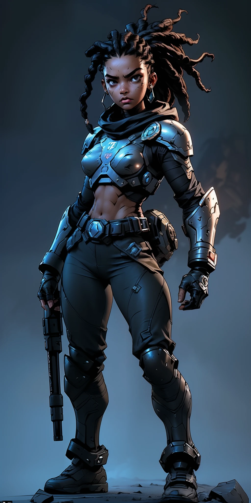 best quality, ultra detailed, masterpiece, 1 black girl 18 years old, black skin, gears of war style sci-fi fighter, gears of war game, ((1 black girl 18 years old, black skin, dreadlock hair, pretty face, well-drawn face, symmetrical face, detailed hands, well-drawn hands, symmetrical eyes, slender body: 1.2, sci-fi soldier, wearing sci-fi bikini armor, slender body, full body, small breast)), dynamic pose, pose combat, ureal engine 5, 8k, light drama, apocalyptic cityscape, proportional, symmetrical, golden ratio, artstation, Rogue, dynamic combat pose