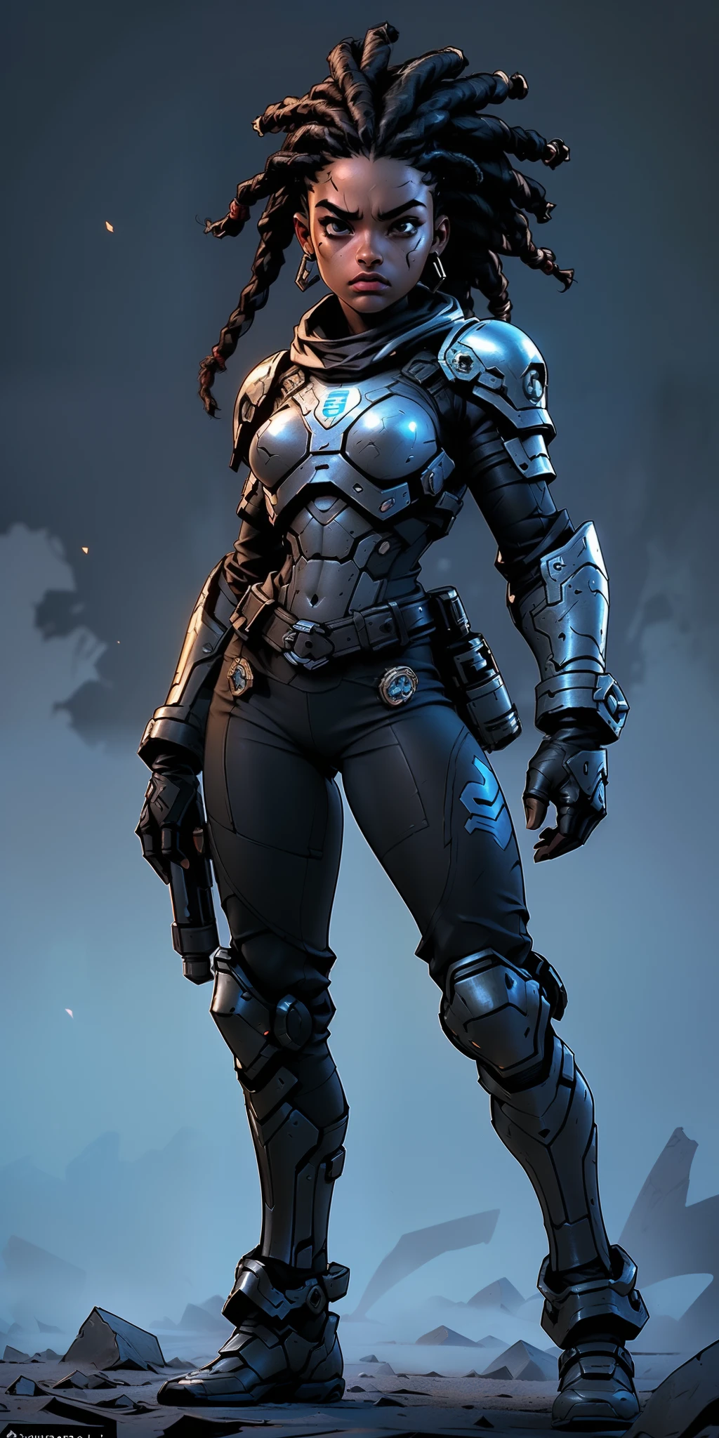 best quality, ultra detailed, masterpiece, 1 black girl 18 years old, black skin, gears of war style sci-fi fighter, gears of war game, ((1 black girl 18 years old, black skin, dreadlock hair, pretty face, well-drawn face, symmetrical face, detailed hands, well-drawn hands, symmetrical eyes, slender body: 1.2, sci-fi soldier, wearing sci-fi bikini armor, slender body, full body, small breast)), dynamic pose, pose combat, ureal engine 5, 8k, light drama, apocalyptic cityscape, proportional, symmetrical, golden ratio, artstation, Rogue, dynamic combat pose