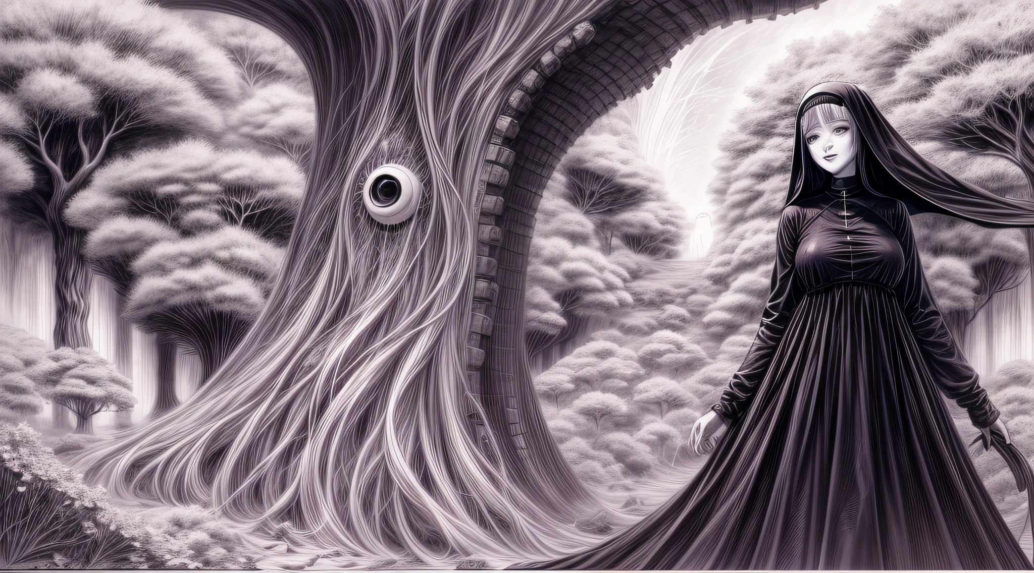 a black and white drawing of a monster and a woman on the ground, Black Gothic Nun Dress , gigantic massive long saggy hanging down teardrop sagging dropping Breasts, smile, Sakura flower, Sakura trees, falling flowers, junji ito artwork, in style of junji ito, art style of junji ito, junji ito style, horror manga, yoshitaka amano and junji ito, junji ito and greg rutkowski, junji ito undertones, inspired by Junji Ito