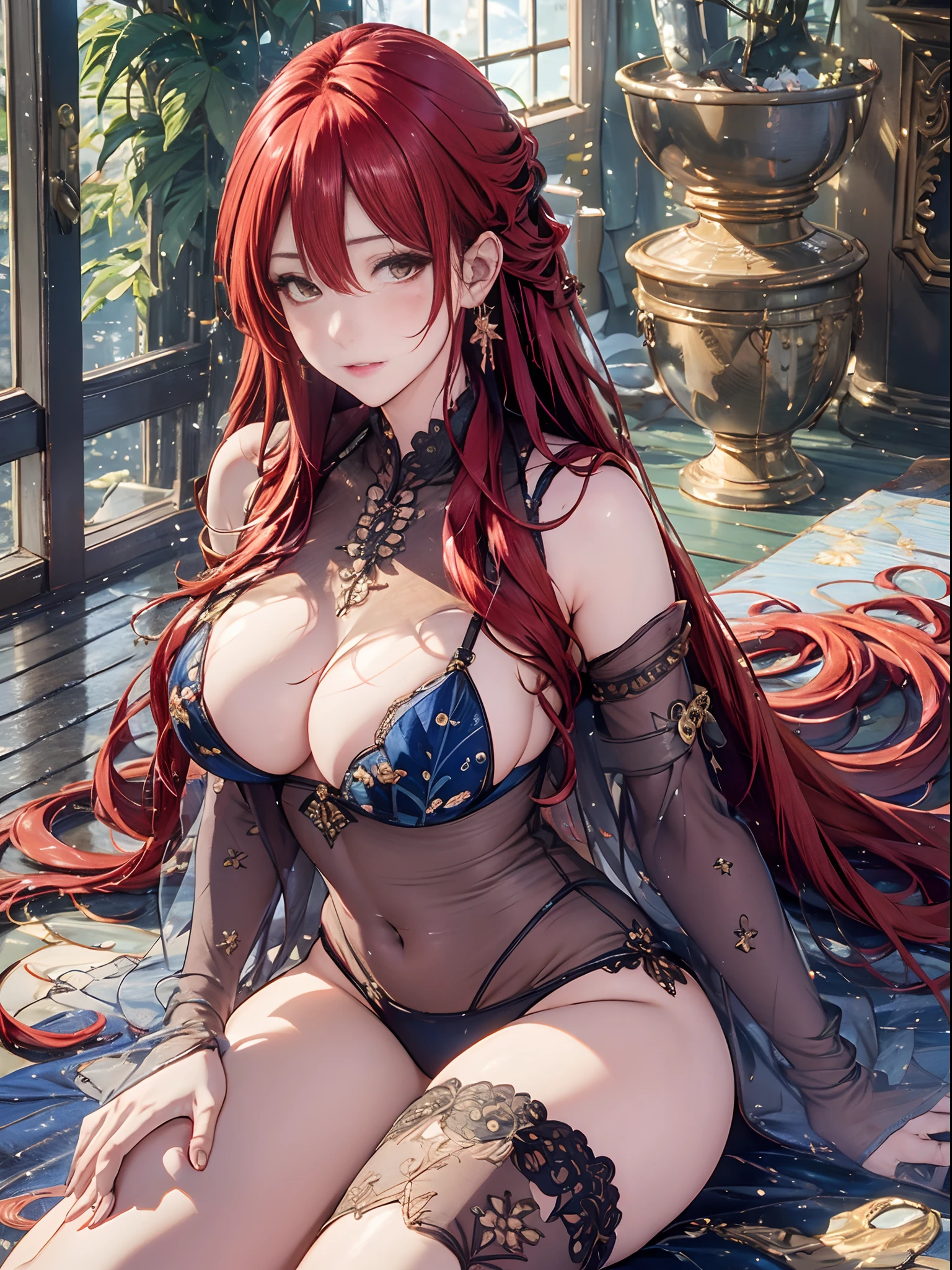 （Enrich the picture，Masterpiece level quality）Beautiful 8K CG artwork，Goddess-like posture，sittinng on the river，Postural exercises，Slim and soft，Translucent skin，Red hair、The beauty of extra-long hair, Super Long Straight Hair，The skin is fair and juicy，Big breasts underwear uniform，Perspective Part 1.2x enhanced silhouette effect，Exquisite transparent blues pattern in pajamas，The details are intricate and exquisite，The background is slightly blurred，Charming and lustful leg seduction，Drool，J cup big breasts，Blush，Japan goddess，Perfect body slim curves，Scene by the sea，