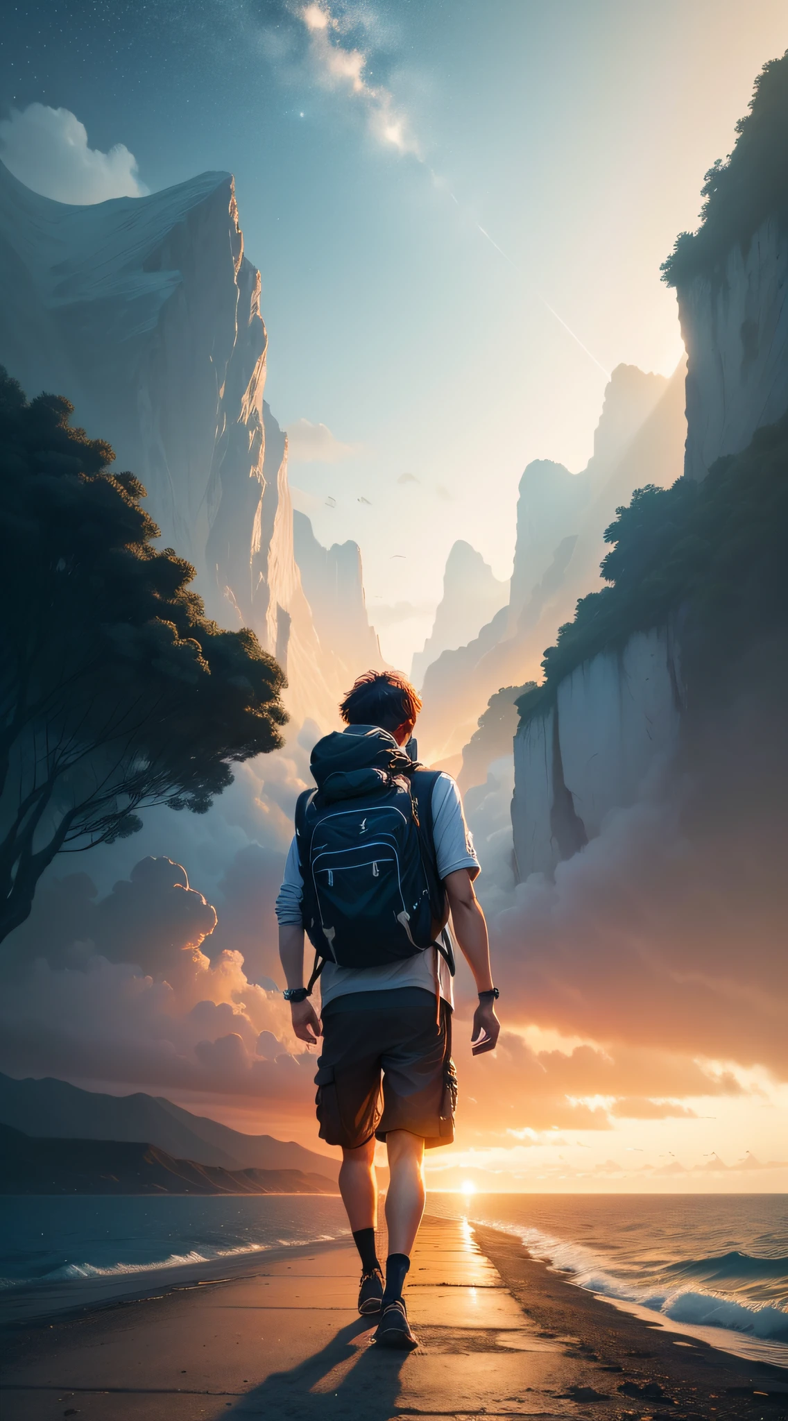 um fundo claro e luminoso, com um caminho estreito e sinuoso que se estende ao longo da imagem, a person walking with a backpack on his back towards the horizon, symbolizing the personal journey to happiness and fulfillment.