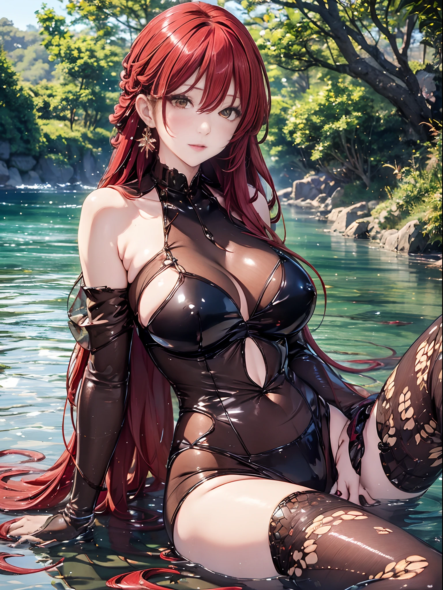 （Enrich the picture，Masterpiece level quality）Beautiful 8K CG artwork，Goddess-like posture，sittinng on the river，Postural exercises，Slim and soft，Translucent skin，Red hair、The beauty of extra-long hair, Super Long Straight Hair，The skin is fair and juicy，Big breasts underwear uniform，Perspective Part 1.2x enhanced silhouette effect，Exquisite transparent blues pattern in pajamas，The details are intricate and exquisite，The background is slightly blurred，Charming and lustful leg seduction，Drool，J cup big breasts，Blush，Japan goddess，Perfect body slim curves，Scene by the sea，