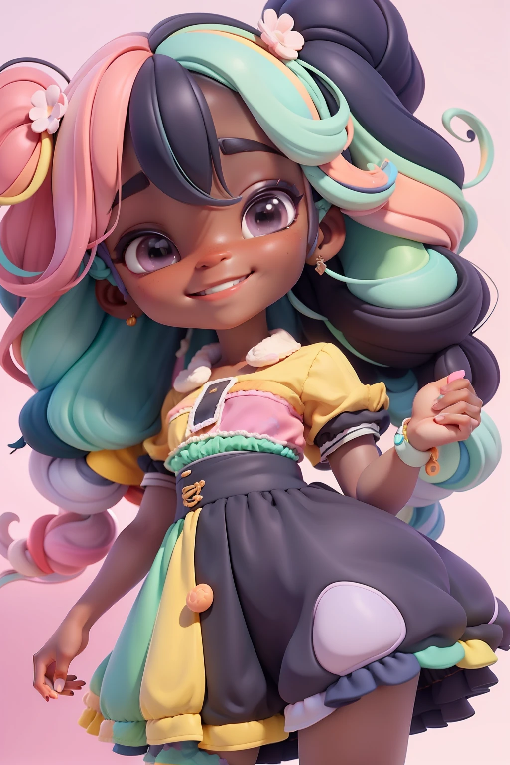 (obra-prima), (melhor qualidade), (ultra-detalhado), (corpo inteiro: 1.2), mulher negra, adolescente, universo de fantasia, vestido leve e detalhado, sorriso claro, turbante, corpo inteiro, :3, roupas afro, princesa, blurry, cabelo castanho, cabelo preto, fundo tom pastel e simples.