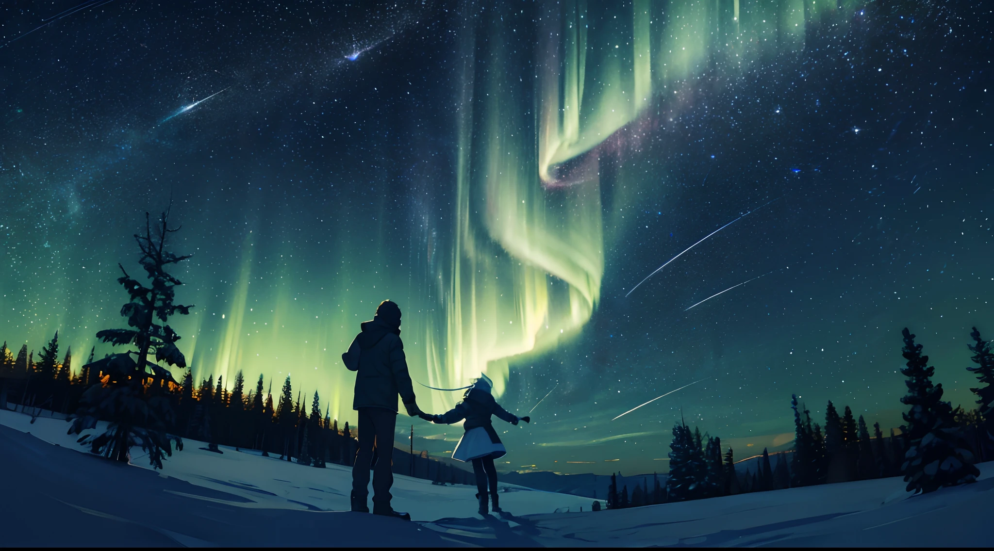 Northern Europe,Winter after heavy snowfall,Thick snow,A silhouette of a man and a woman holding hands,starrysky,atarctive,((Green Northern Lights)),Stand in the snow,looking at the stars, Small woods in the distance,figure silhouettes,Green Northern Lights,Shooting stars streaked across the sky,A sky full of stars,night under the starry sky, Starry Sky 8 K, night time with starry sky, looking at the stars, watching the stars at night, the sky has the milky way, with the sky full of stars, lost in the immensity of space, night sky photography, looking out into the cosmos,ultra-wide-angle,Look up at the camera,in a panoramic view,Character side