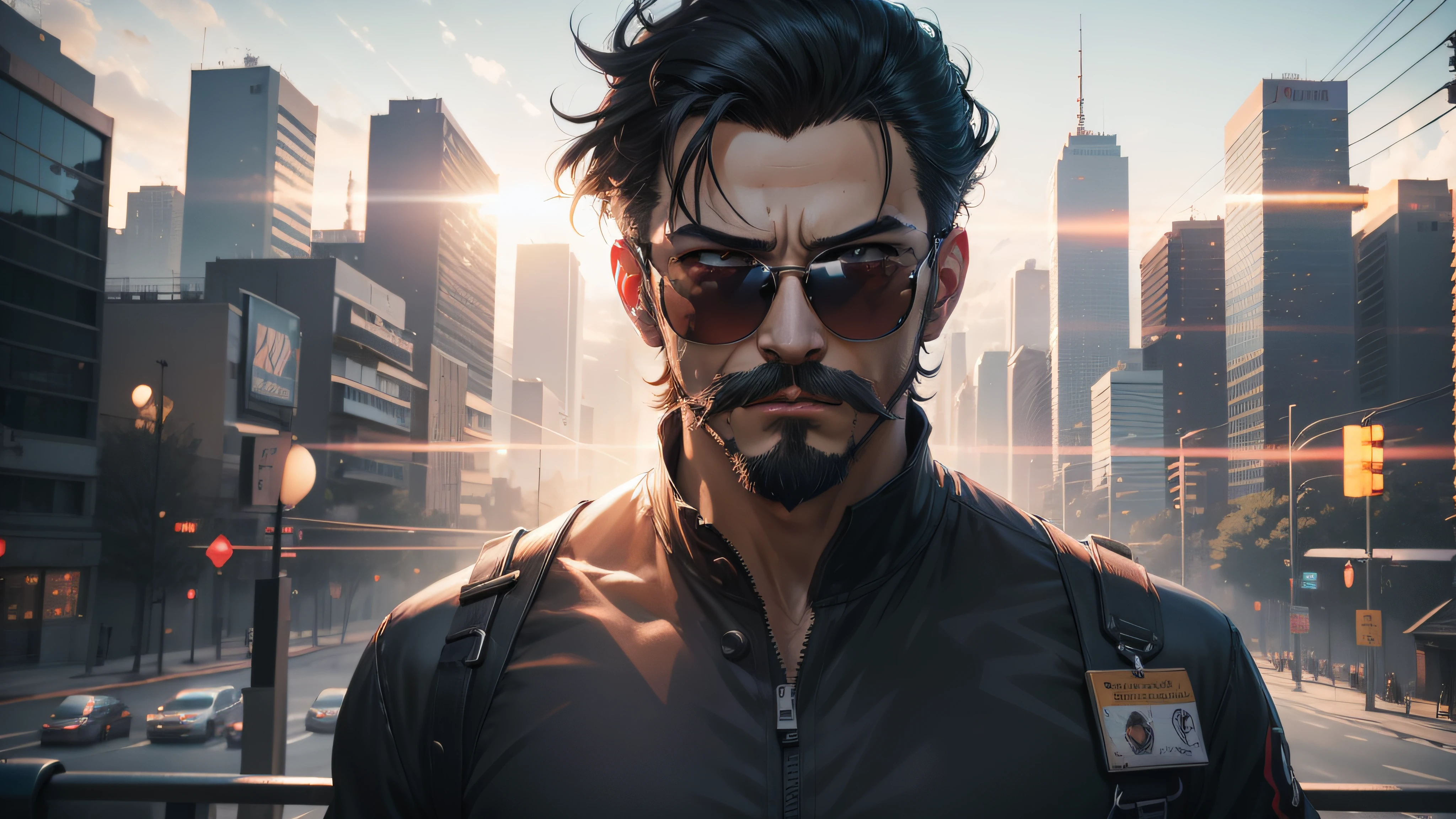 Hombre de anime con bigote y sin gafas parado frente a una ciudad, Badass Anime 8K, Obras de arte al estilo de Guweiz, artstation mans aesthetic, Tendencias en ArtStation Pixiv, Anime Art Wallpaper 8K, Concepto de anime HDR Anime MacManus, Arte detallado del anime digital, Fondo de pantalla de anime 4k, epic portrait illustration
