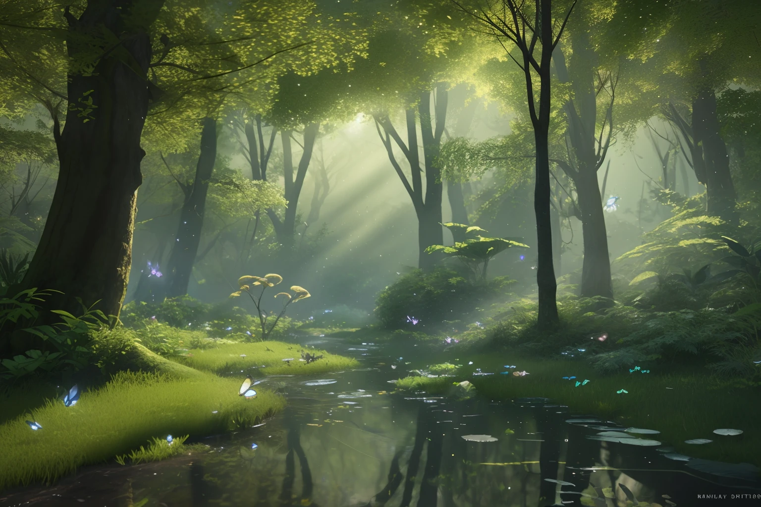 best quality, stunning reflections, best reflections ever. (highly detailed CG unity 8k wallpapers), (better quality), (better artwork), (better shadows), forest theme with natural elements. Tall trees, calm stream, small glowing mushrooms surrounded by delicate leaves and branches, lots of fireflies and glowing particle effects, (natural elements), (jungle theme), (leaves), (twigs), (fireflies: 1.3 ), butterflies, (delicate leaves), (glow), (particle effects). , 3d isometric, octane, ((ray traced: 1.5)), super detailed