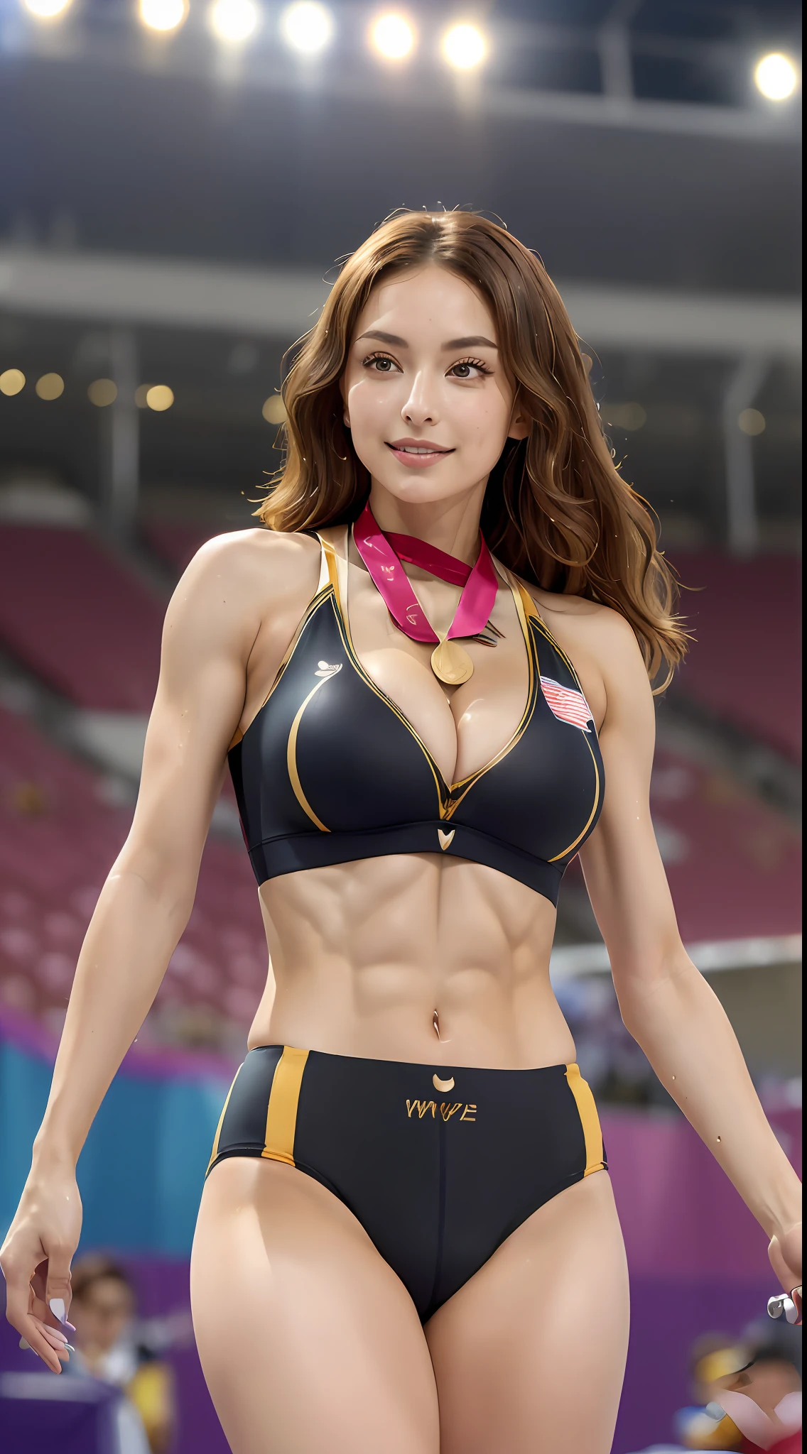 8K、 超A high resolution、Best Quality、Photorealsitic、hightquality、high-detail、masuter piece、(huge-breasted、cleavage of the breast:1.3)、Lower breast、(Red and black、Racing Bloomers、Sportsbra:1.3)、track and field club、(Standing on the podium、Wear one gold medal around your neck、1 medal、Wave to the audience above:1.45)、(Long straight brown hair:1.2)Extraordinary beauty、(Toned body、Split abs、Show armpits:1.3)Big eyes、Obviously double eyelids、(On a short track in the athletics arena:1.3)、serious facial expression、RunningShoes