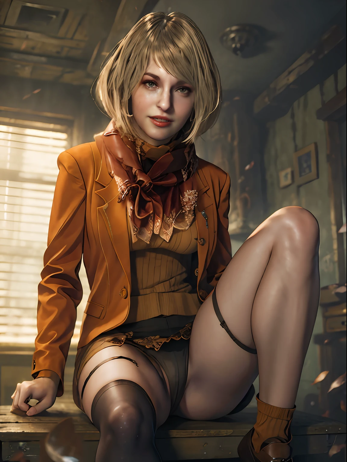 1 girl, Solo, full body shot shot, Ashley Graham in the Resident Evil 4 remake, The face of Ella Freya, Sitting, Short hair, Blonde hair, Slender lips, Scarf, small necklace, Inside an orange sweater, cute smiling face, Detailed face, breast enhancement, Best quality, high resolution:1.2, 18th century village in the background, Shadows, nightime, Moonlight, Depth of field, Ripped stockings，Place your legs on the table，visible panty