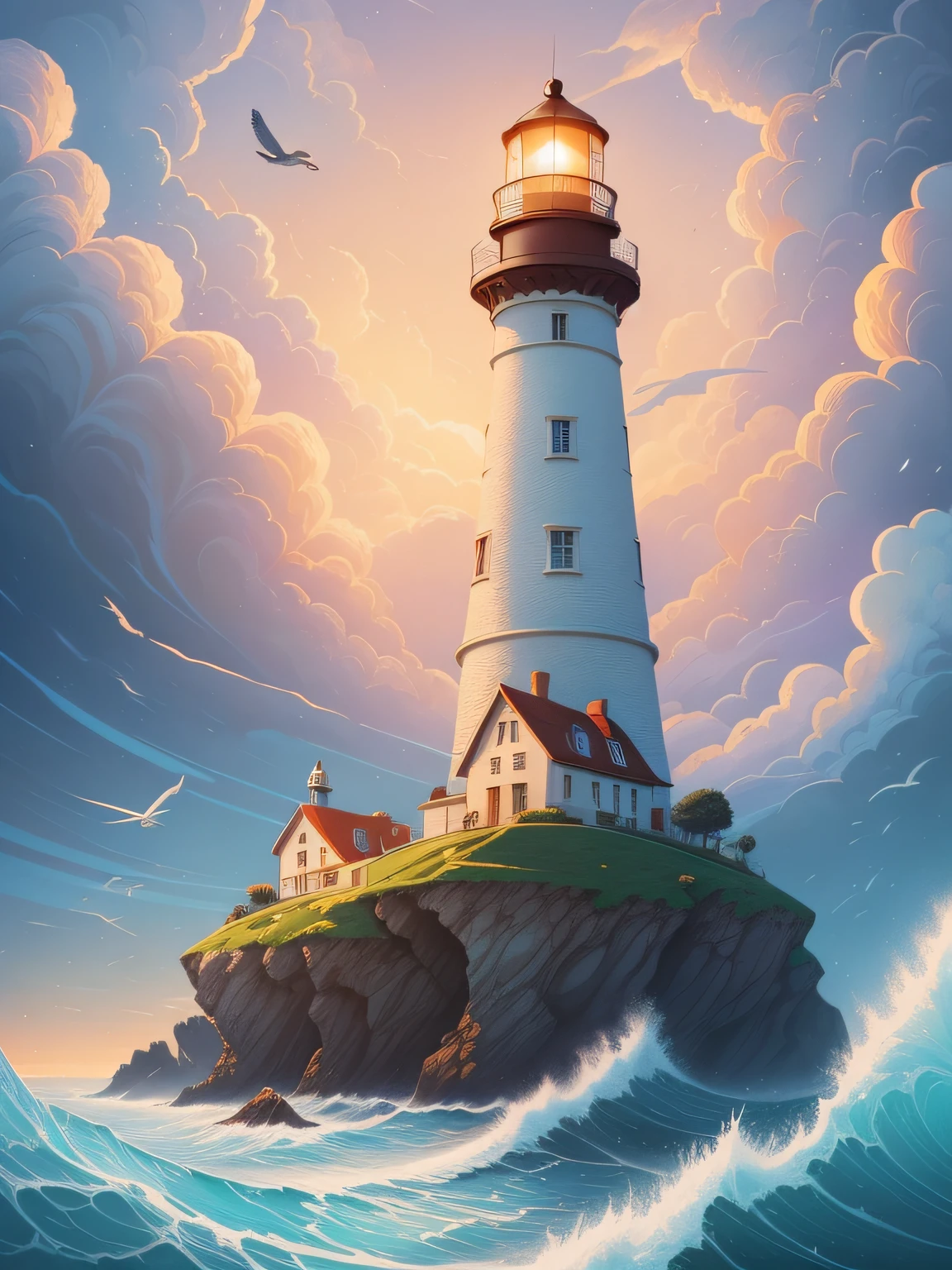there is a lighthouse with a bird flying over it, a beautiful artwork illustration, jen bartel, lighthouse, highly detailed illustration, in style of cyril rolando, light house, inspired by Cyril Rolando, by Justin Gerard, in the art style of dan mumford, stylized digital illustration, very detailed illustration, highly detailed illustration.”, full color digital illustration