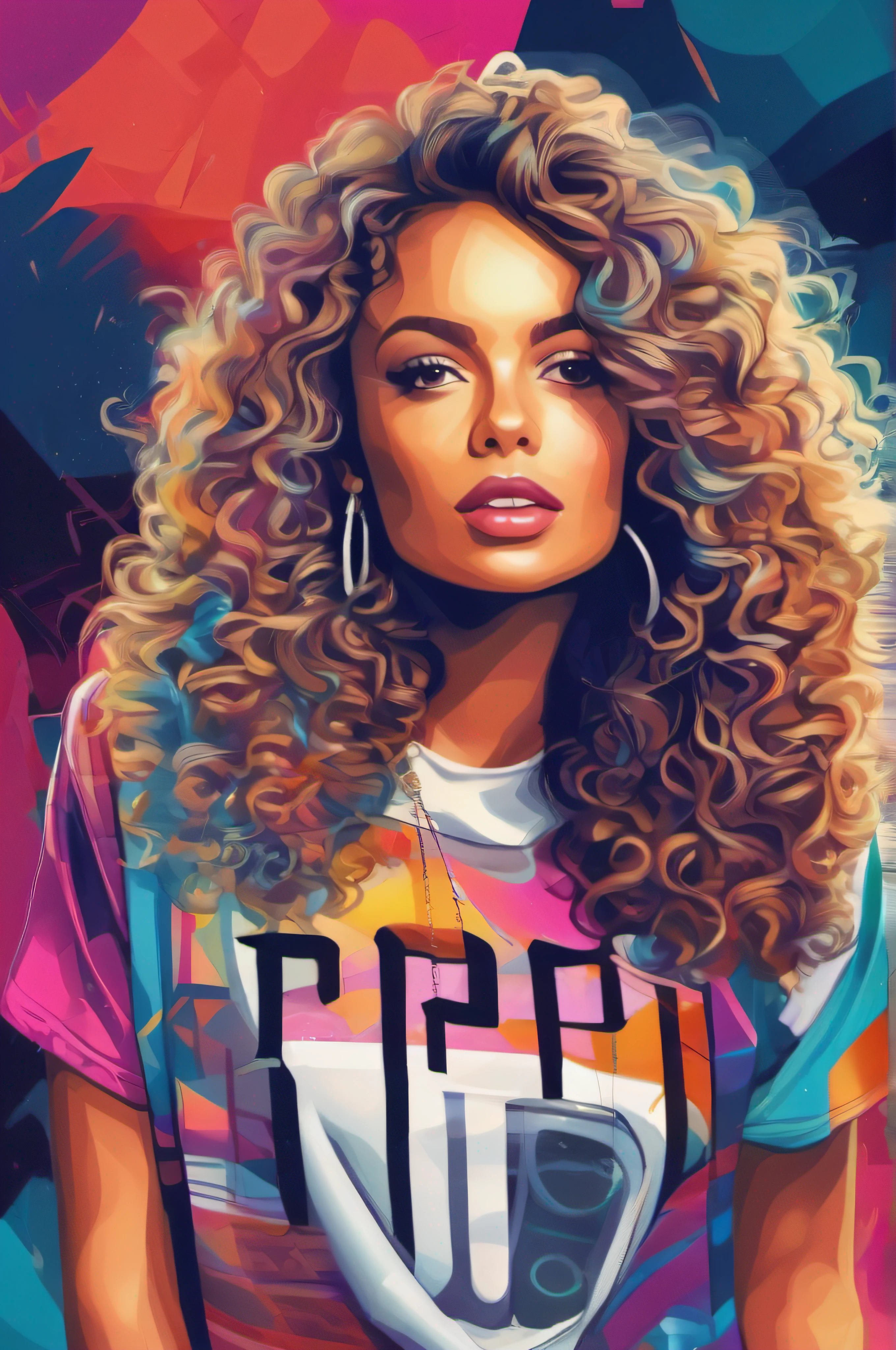 T-shirt graphic design art, flat illustration of woman with curly hair, colorful tones, highly detailed clean, vector image, photorealistic masterpiece, professional photography, flat white background, isometric, vibrant, vector