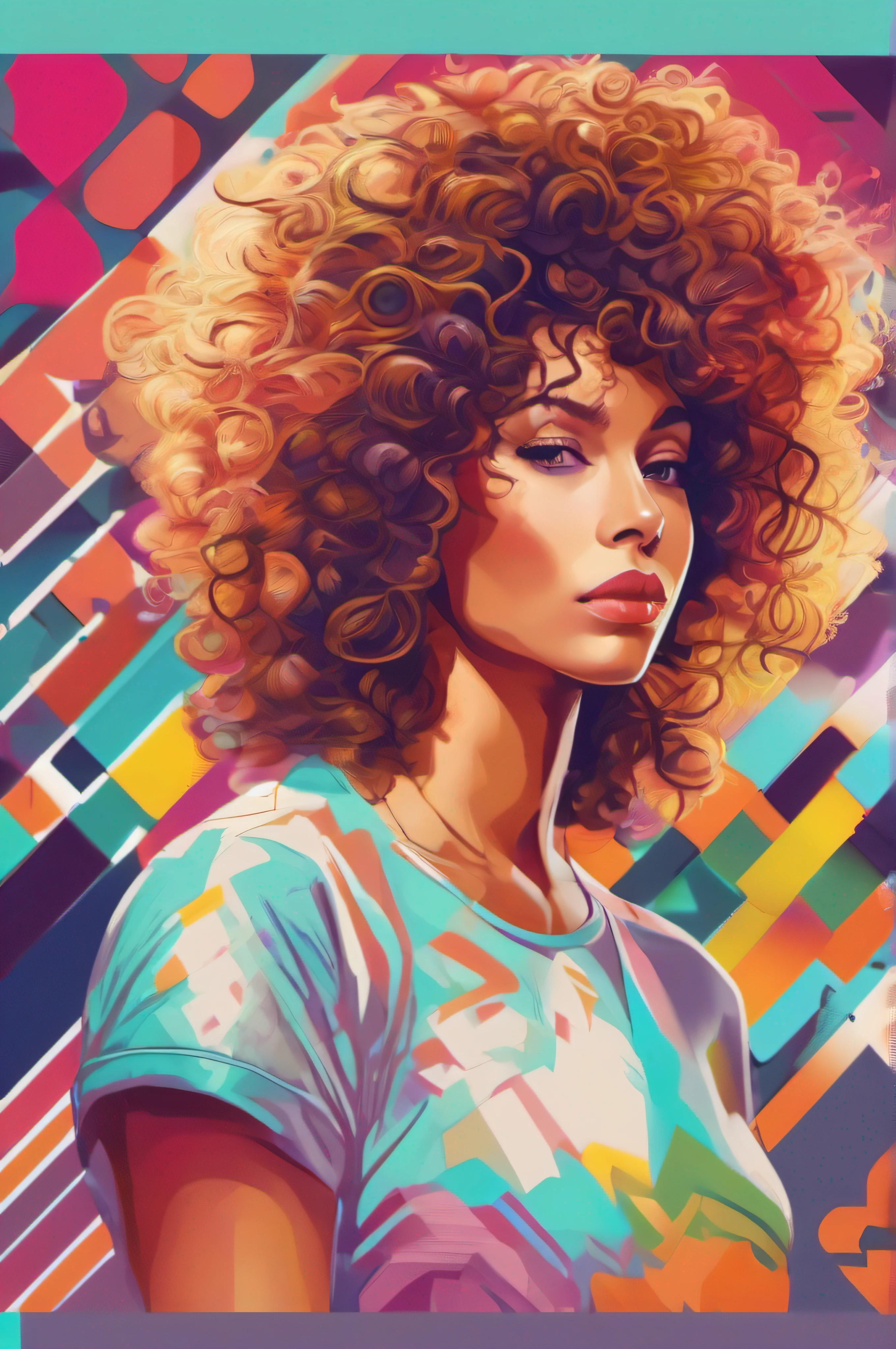 T-shirt graphic design art, flat illustration of woman with curly hair, colorful tones, highly detailed clean, vector image, photorealistic masterpiece, professional photography, flat white background, isometric, vibrant, vector
