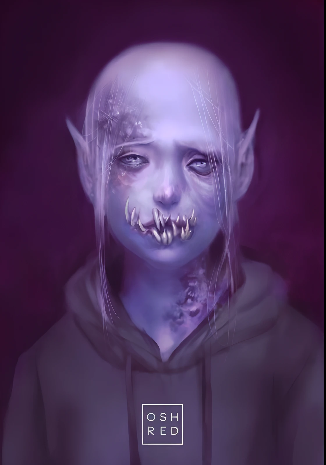 um close up de uma pessoa com um rosto assustador e um capuz, vampiro triste, Elfpunk, Um retrato de um elfo, elfo de pele azul, portrait demon half human, Retrato de um elfo, retrato do vampiro, creepy child, Loish e wlop, Elfo ?????, Greta Thunberg como Gollum, Loish |, Arte no estilo de Guweiz