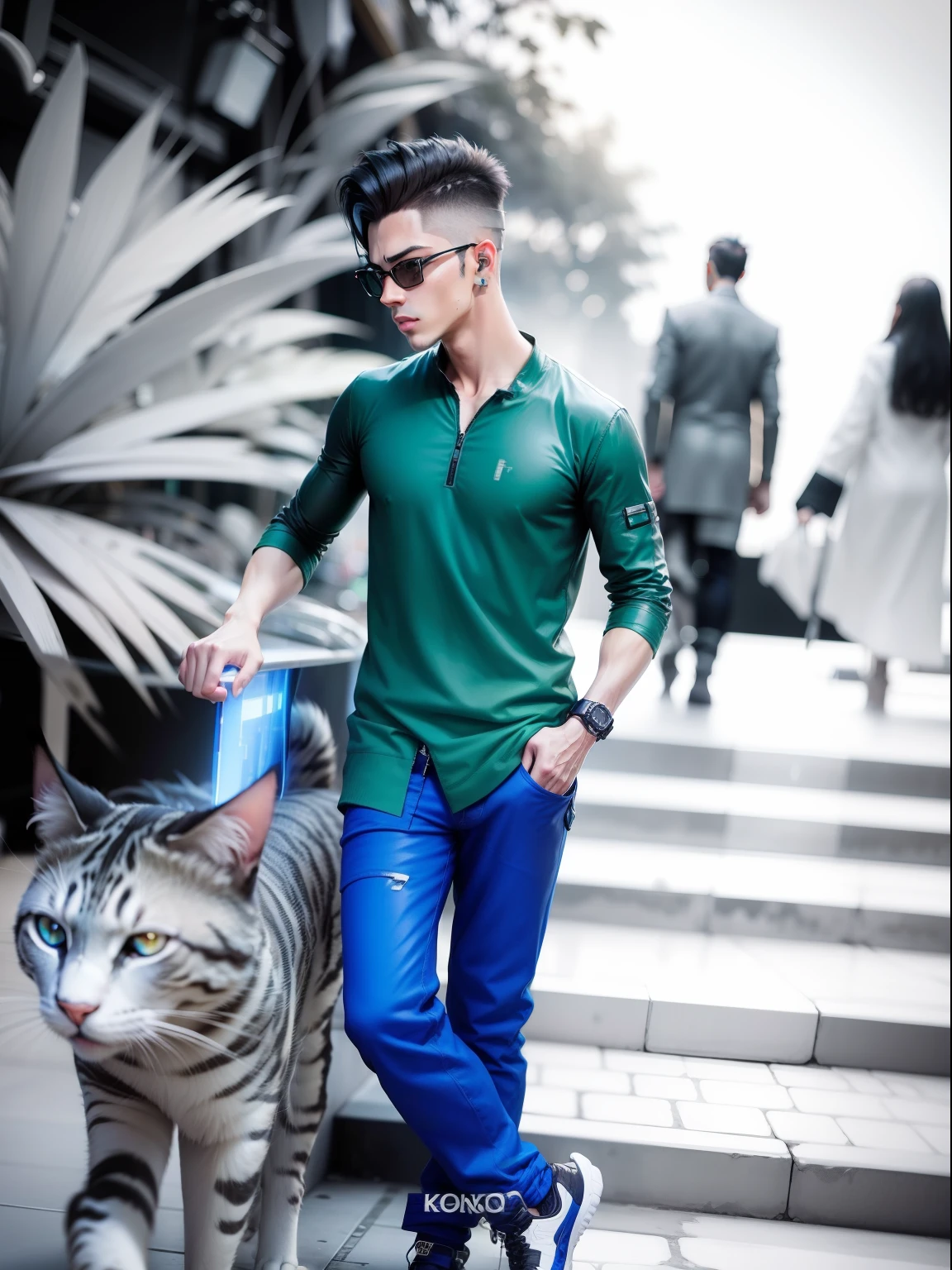 Change background cyberpunk handsome boy. With cat.realistic face.8k Ultra realistic