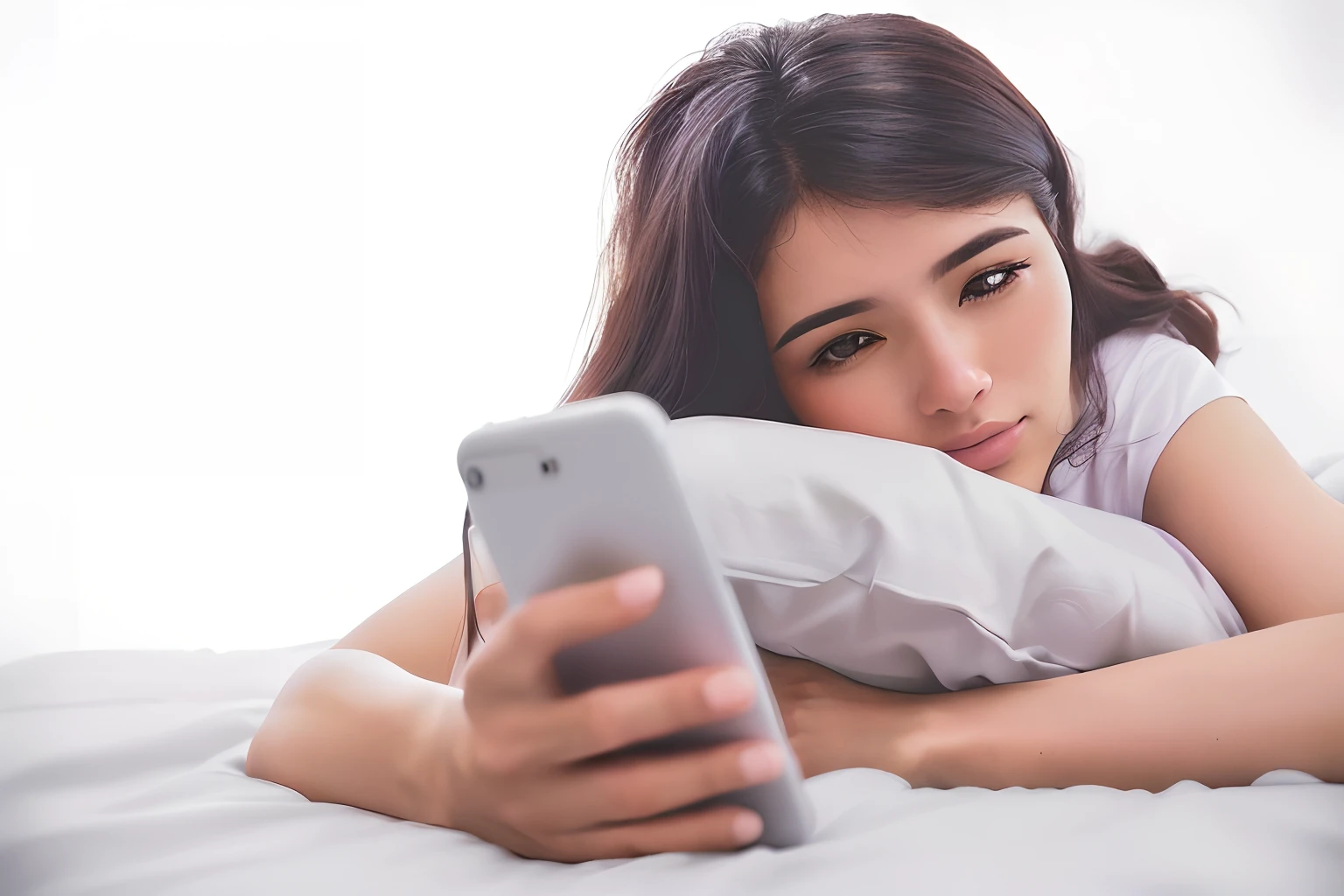 desenho realista mulher deitada na cama olhando para seu telefone enquanto segura travesseiro, olhando para o canto inferior esquerdo, she is holding a smartphone, verificando o celular dela, mulher muito cansada, someone sits in bed, technological anguish, deitado na cama, someone in home sits in bed, segure o smartphone, the feeling of boredom, deitado na cama