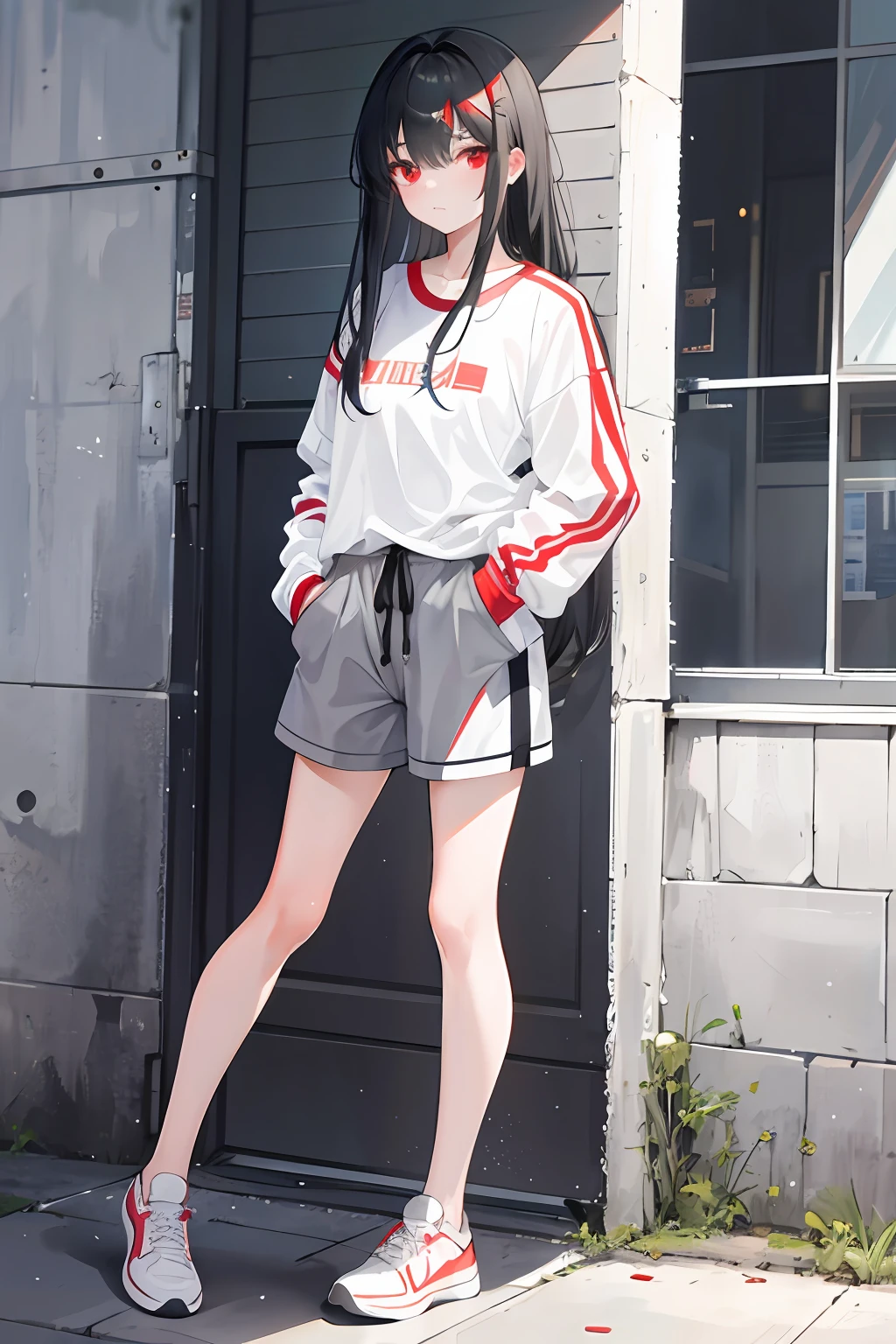 A teenage girl，Gray-black hair ，The sun shines，Red eyes，combed hair，long whitr hair，White top pajamas，Bottoms super shorts，athletic sneakers，Put your hands in your pockets，standing on your feet，full bodyesbian