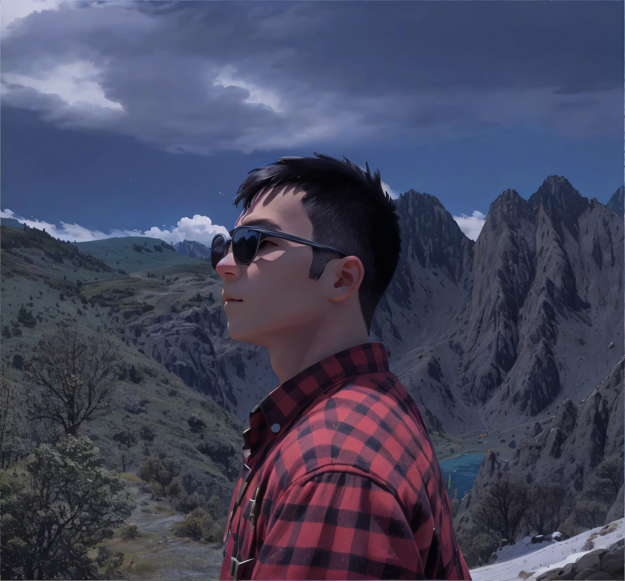 A boy with, Cartoony,Ink wind,Alpine scenery,blue-sky,Black sunglasses,Handsome and delicate short hair