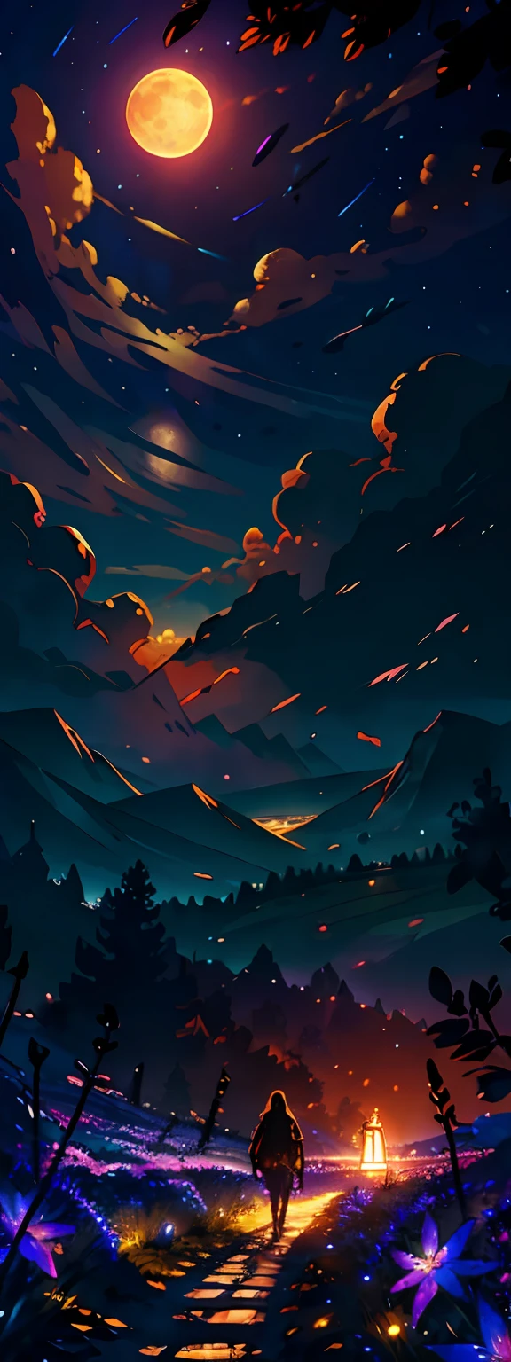 expansive landscape photograph , (a view from below that shows sky above and open field below), a girl standing on flower field looking up, (full moon:1.2), ( shooting stars:0.9), (nebula:1.3), distant mountain, tree BREAK
production art, (warm light source:1.2), (Firefly:1.2), lamp, lot of purple and orange, intricate details, volumetric lighting BREAK
(masterpiece:1.2), (best quality), 4k, ultra-detailed, (dynamic composition:1.4), highly detailed, colorful details,( iridescent colors:1.2), (glowing lighting, atmospheric lighting), dreamy, magical, (solo:1.2)