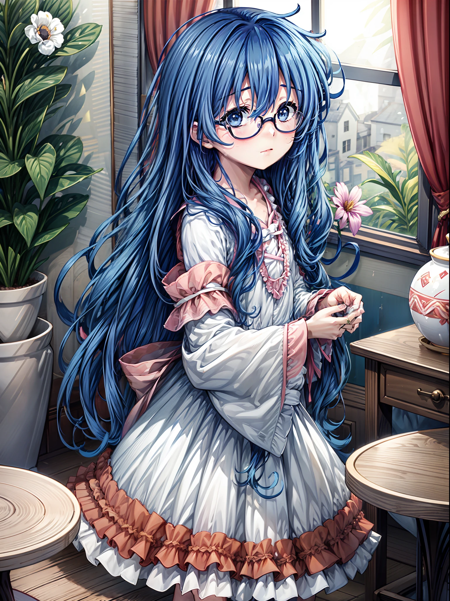 {Curtains}, {Window}, {1girl}, {eyeglasses}, {Long_Hair}, {Blue_Hair}, {book}, {chair}, {独奏}, {flower}, {Indoors}, pectorals, a table, AB_shoulder, spectacled, Blue_eyes