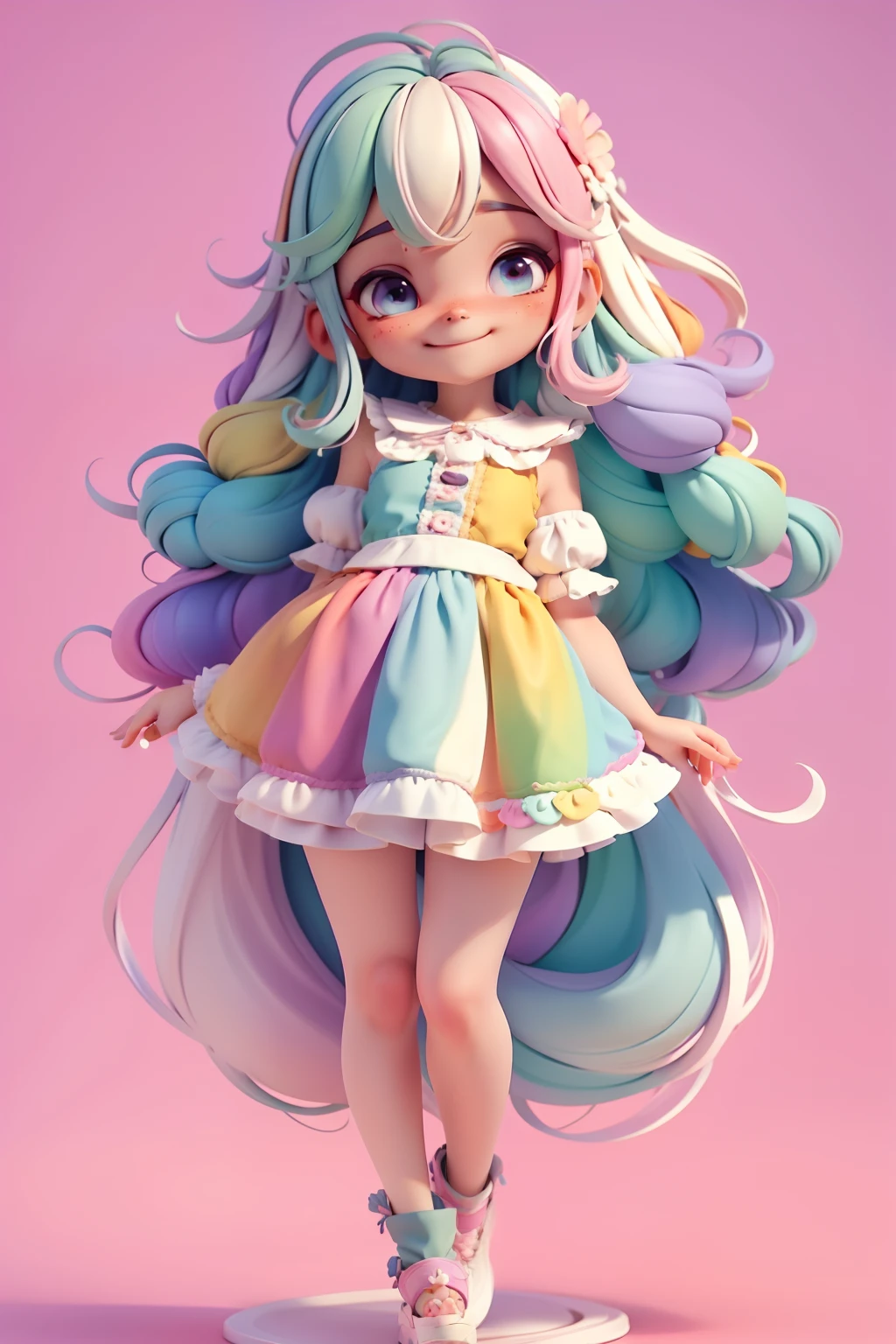 loli multicolor, fofa, roupas delicadas e grandes, tons pastel multicolor, sorriso meigo e delicado,  corpo inteiro, olhos delicados e  cabelos multicolor, fundo simples e branco