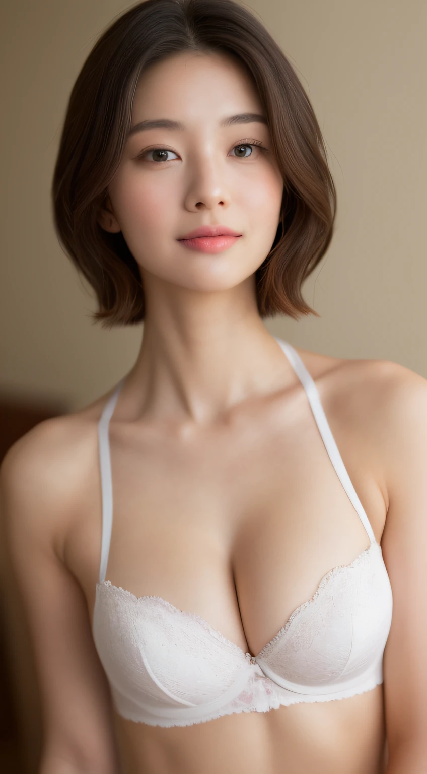 ((Best picture quality, 8K, tmasterpiece:1.3)), 1girll, Beautiful woman with slender abs:1.3, (Casual hairstyle, :1.2), Pink low-cut bra,Super large,The skin is very white,Ultra-fine face, A detailed eye, 二重まぶた,ssmile。Take pictures in cute poses,The figure is very bad,tiny small waist,Super big breasts,Close-up,Close-up chest,White-skinned,The background is casual,Close-up Shot Shot