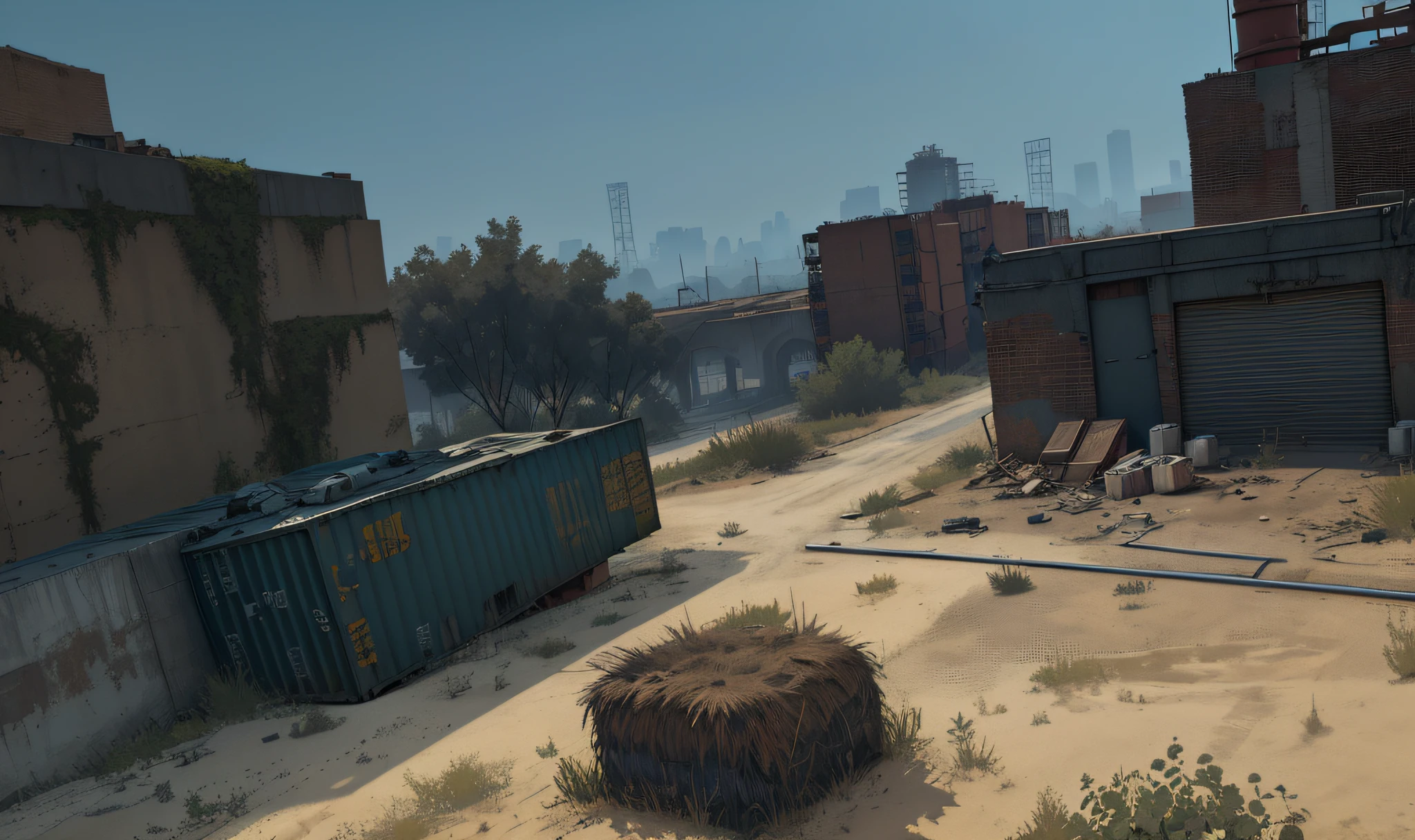 There are photos of brick buildings, warehouses near the city with a large number of buildings, Photo of an abandoned factory in the desert, overgrown with vines, Containers, Boxes, Broken floor slabs, covered with sand, Dirty street background, Screenshot from the game, industrial setting, ingame image, Ландшафт Airsoft Arena, Industrial Environment, Realistic scene, Hyper-detailed scene, Industrial Environment, highly detailed scene, game cg, Steam Workshop Maps, Shot in the game, An asset of the RPG gaming environment
