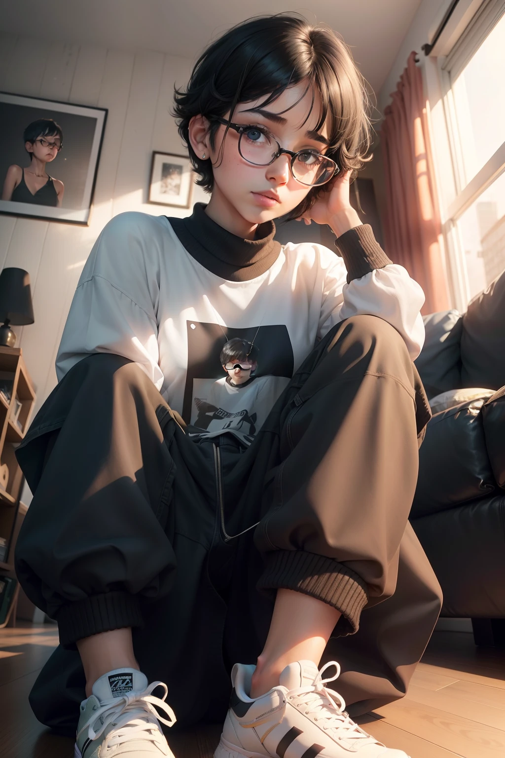 1girl, beautiful girl, wearing eyeglasses, brown skin, small mole on her right cheek, half body, Body Length 150 cm, 20 years old, (short black hair, Street hairstyle) , (black eyes), realistic eyes, beautiful and big eyes), masculine clothing, Boys clothes, Wearing sneakers, Small breasts, (8k wallpaper), (Living room wallpaper) 8k, high quilty, realistic, beautiful realistic, Cool details, raw photo, realistic clothing, short hair, black hair, realistic hair, Light and cool lighting, photo realistic, Cel shaded, Gel lighting, ultra details