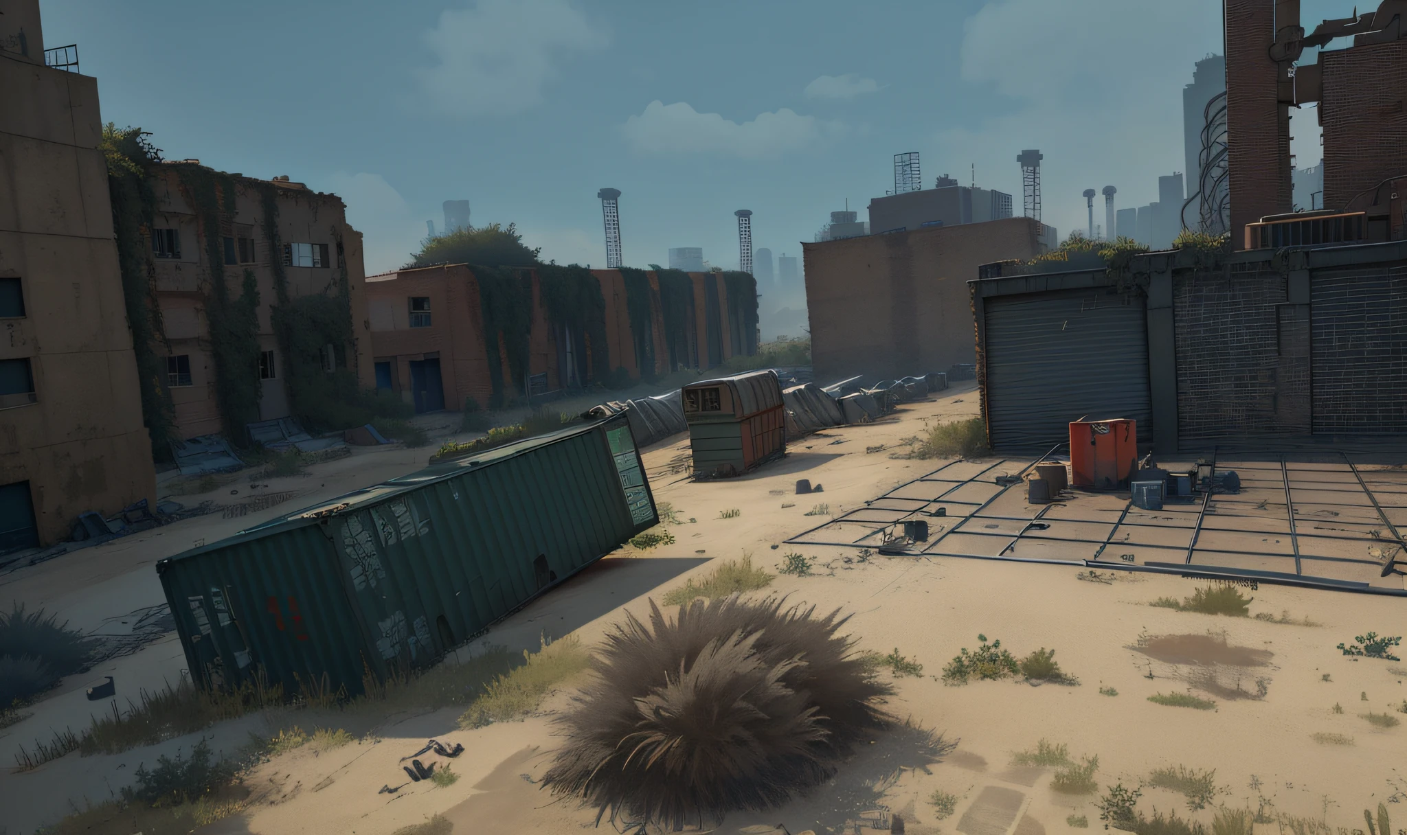 There are photos of brick buildings, warehouses near the city with a large number of buildings, Photo of an abandoned factory in the desert, overgrown with vines, Containers, Boxes, Broken floor slabs, covered with sand, Dirty street background, Screenshot from the game, industrial setting, ingame image, Ландшафт Airsoft Arena, Industrial Environment, Realistic scene, Hyper-detailed scene, Industrial Environment, highly detailed scene, game cg, Steam Workshop Maps, Shot in the game, An asset of the RPG gaming environment