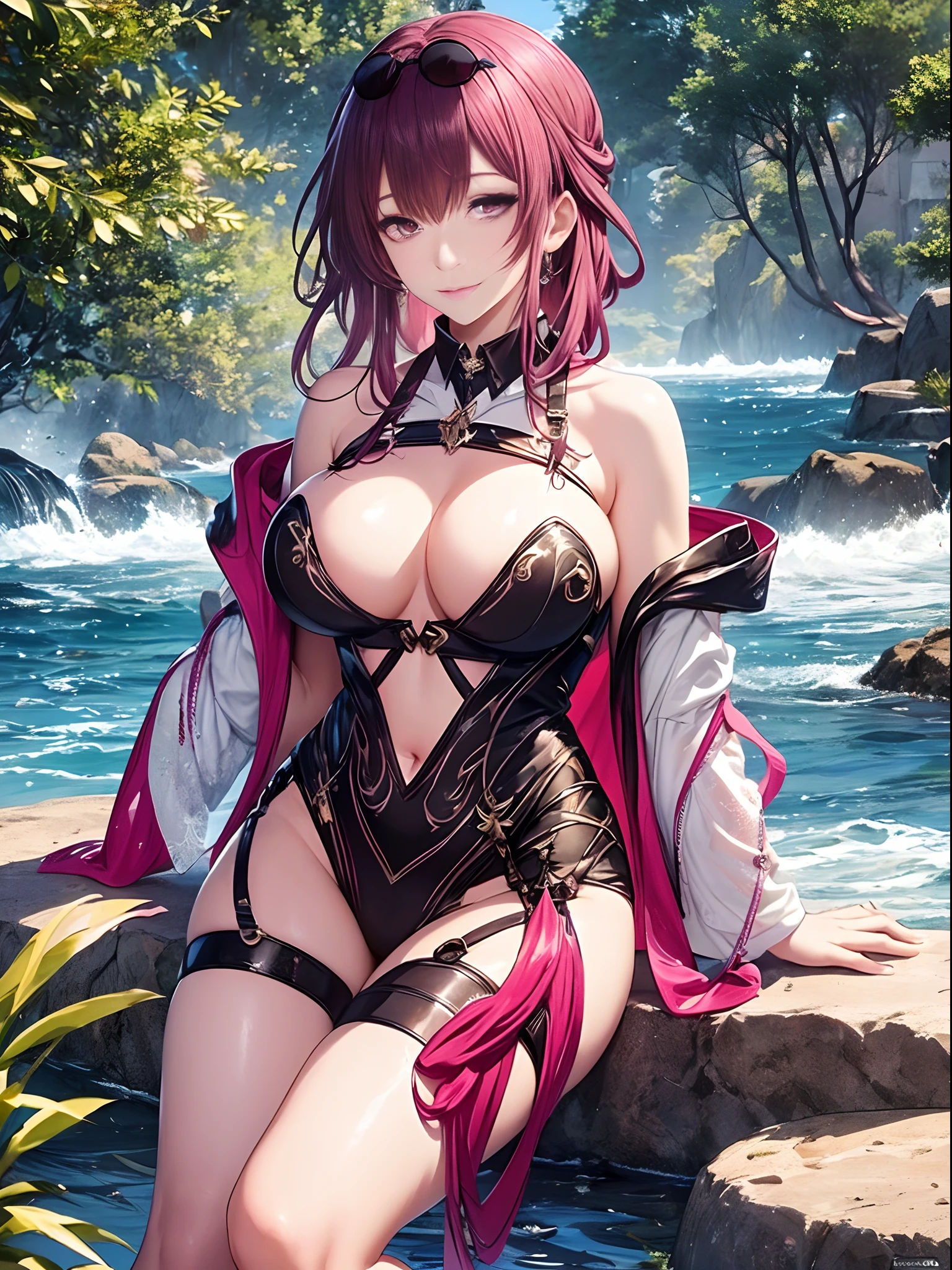 （Enrich the picture，Masterpiece level quality）Beautiful 8K CG artwork，Goddess-like posture，sittinng on the river，Postural exercises，Slim and soft，Translucent skin，Red hair、The beauty of extra-long hair, Super Long Straight Hair，The skin is fair and juicy，Big breasts underwear uniform，Perspective Part 1.2x enhanced silhouette effect，Exquisite transparent blues pattern in pajamas，The details are intricate and exquisite，The background is slightly blurred，Charming and lustful leg seduction，Drool，J cup big breasts，Blush，Japan goddess，Perfect body slim curves，Scene by the sea，