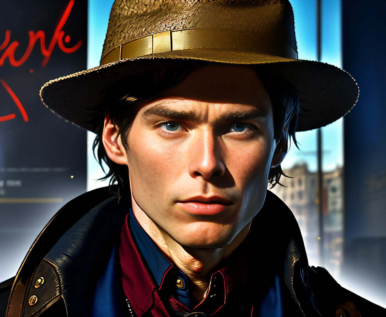 REALISTIC MOVIE POSTER OF CILLIAN MURPHY, FRONT POSE VIEW, CLOSE SHOT CENTERED ON CAMERA, blue eyes, detailed bright skin, mouth holding a cigarette, male detective smoking cigarette with dark coat and hat, looking stern, man with 1940 panama hat, upper body portrait, Frank Frazetta style painting