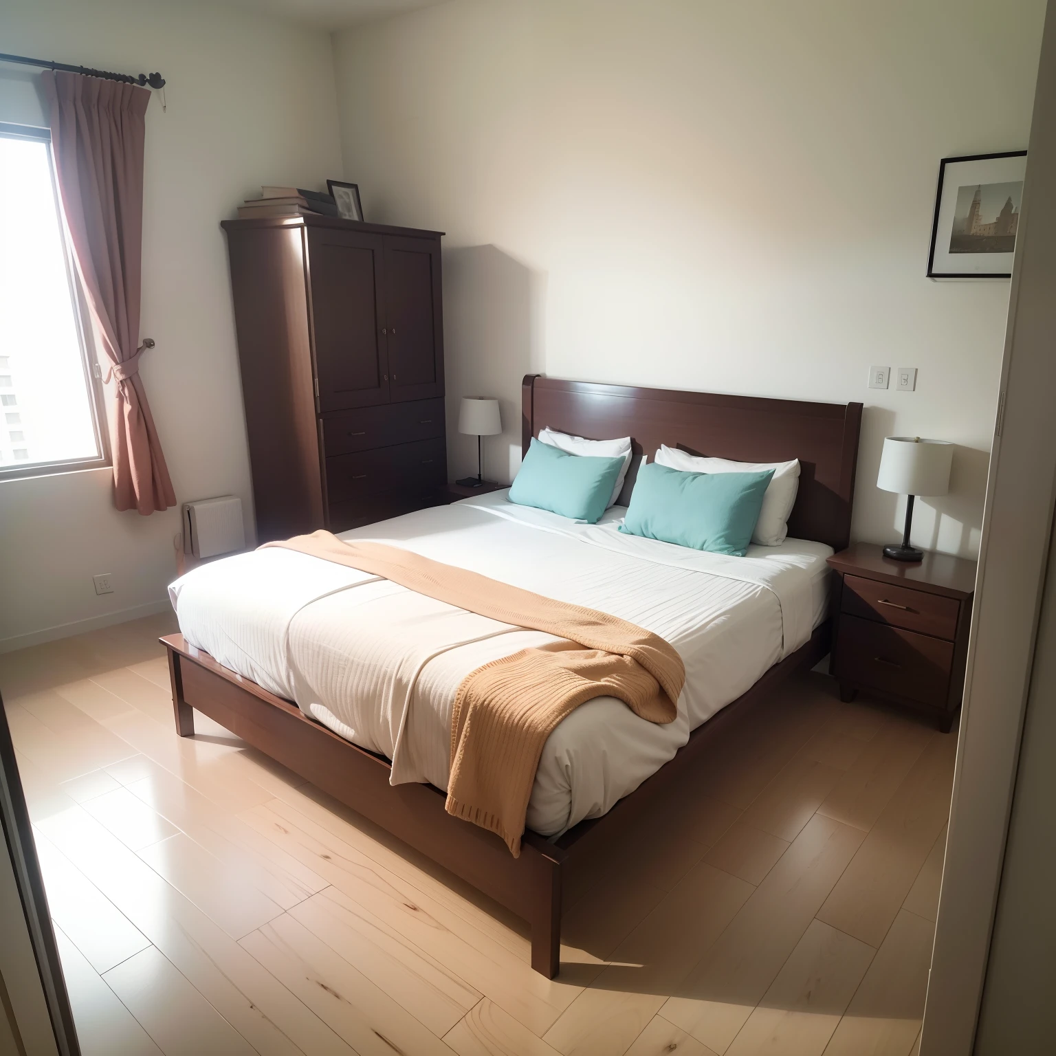 Cozy setting, quarto com janela, cama branca, Right-hand camera view, melhor qualidade, chest of drawers on the left side, There's no one, nenhuma pessoa quarto. maximum details, absurdres