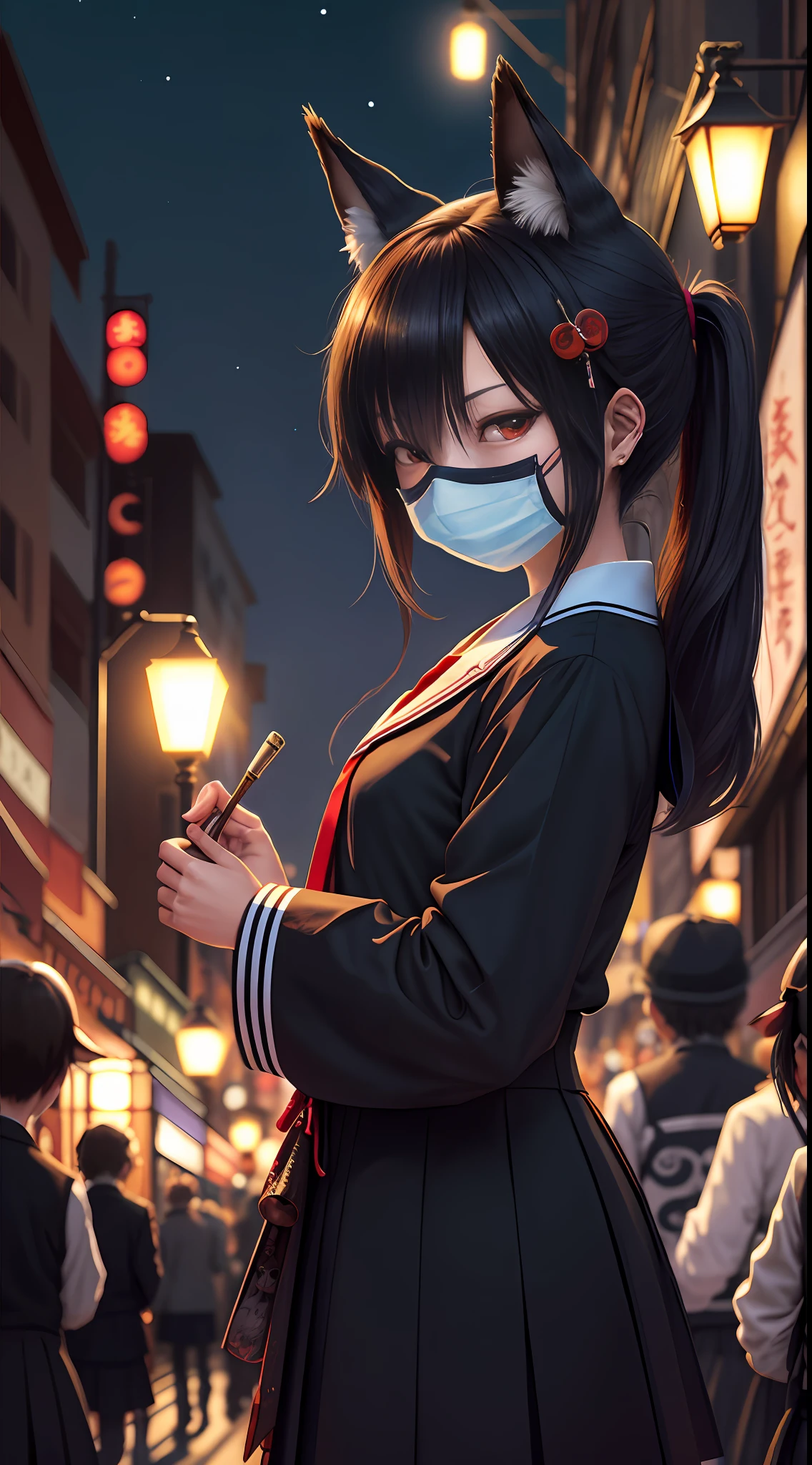 (tmasterpiece:1.2),best qualtiy,realisticlying, Night city,youkai,skeleton, fox, A lot of schoolgirls, a sailor suit, Large crowds, matrix, Hyakki Night Line, A Japanese style, mask