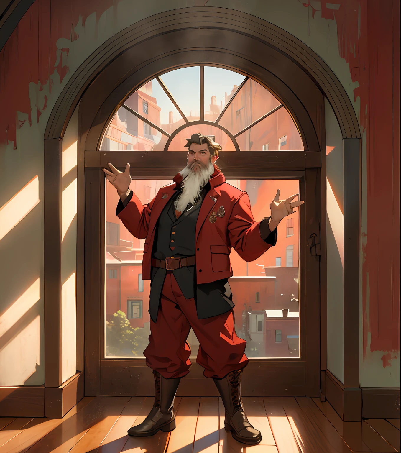 A bearded man in a red jacket and pants stands in front of a window with outstretched arms, full body character concept, full body concept, detailed full body concept, The room has a window overlooking the garden, Brown (Old) Walls, warm lighting, background illustration, Soft light from the window, wooden floor, Window with natural light, Art Nouveau environment, Light from the window