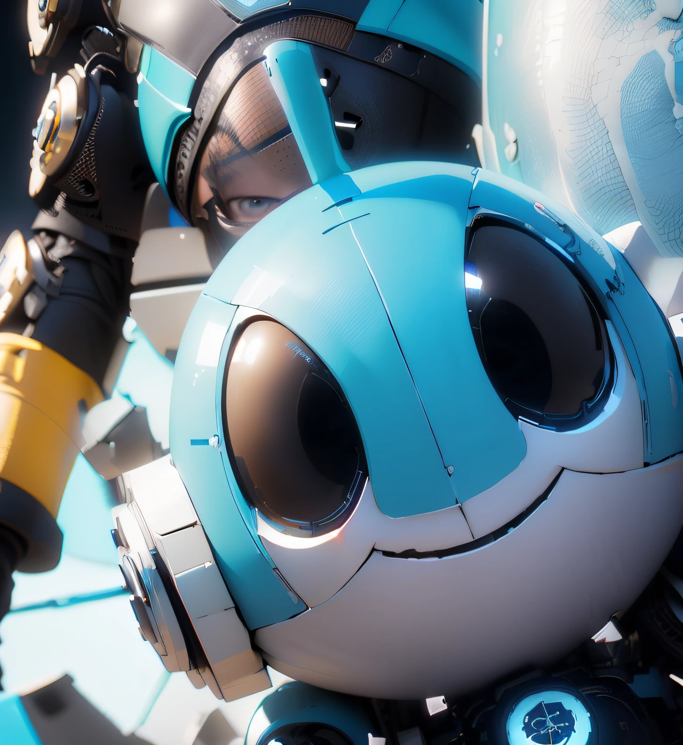 There's a robot with a big smile on its face, renderizado em keyshot, stylized as a 3d rendering, PBR estilizado, super detailed rendering, tiro de close-up, motor unreal face azul, Renderização 3D 8K Octane, Vista macro brilhante da Pixar, Feito em Unreal Engine 5, Criado em Unreal Engine 5, Renderizado em 8 K Unreal Engine