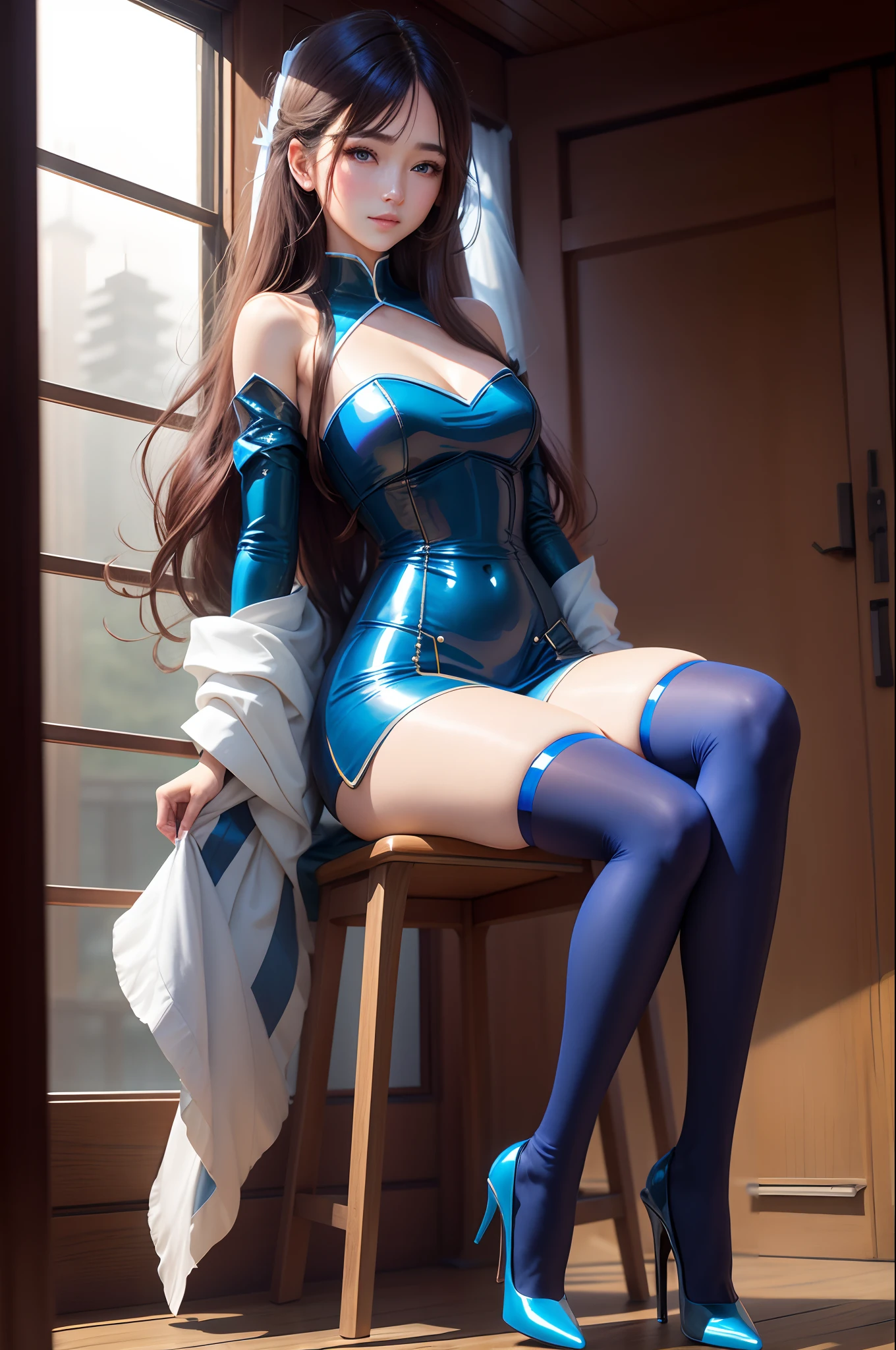 Head-to-toe full-body photo of tall lean teenage Korean dominatrix cross-dresser sitting in a chair cross-legged with her beautiful face wearing high-leg bondage with dark blue shiny sheer pantyhose and metallic high heels