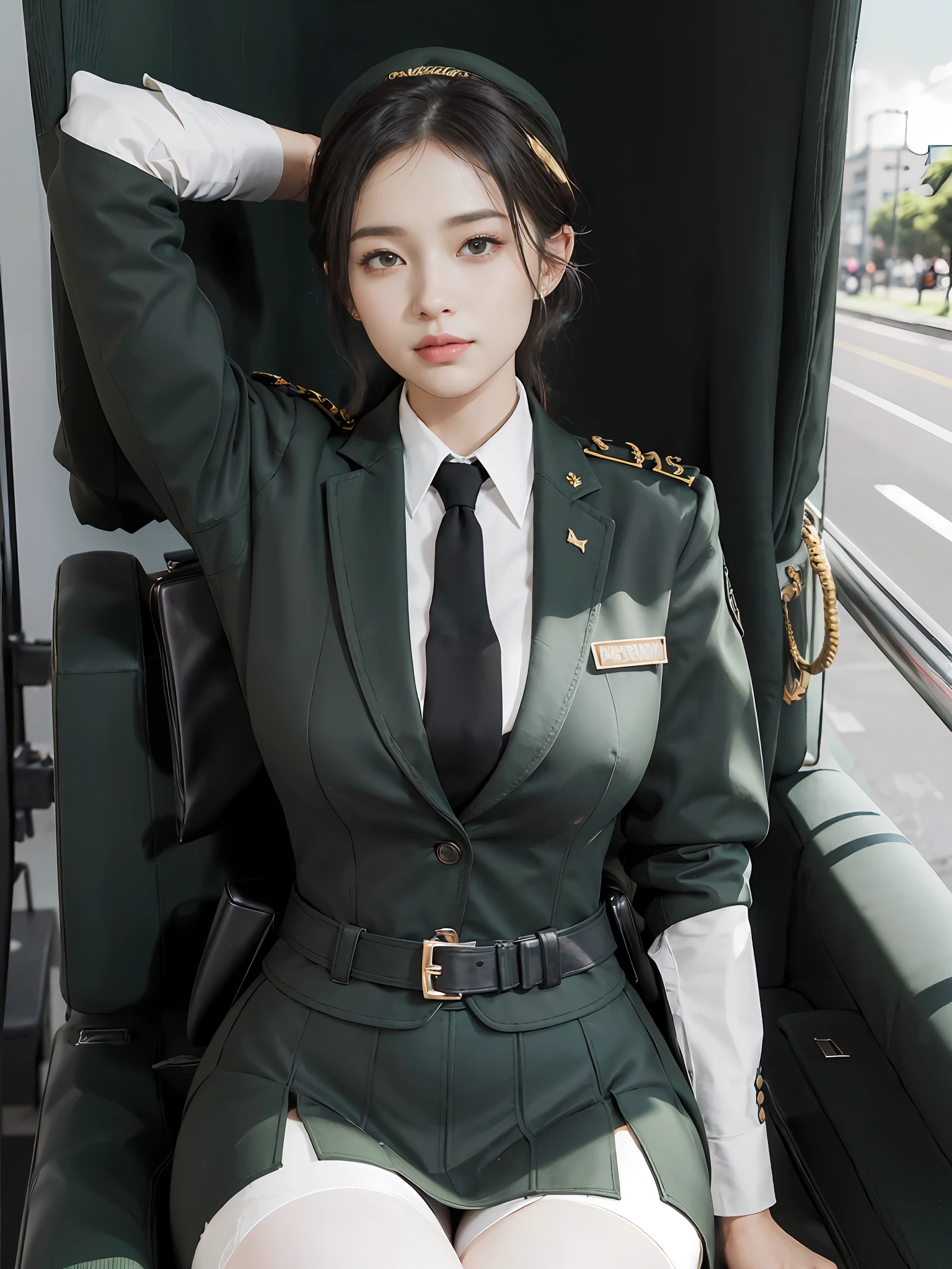 Very detailed CG unity 8K wallpaper，（tmasterpiece），（best qualtiy），（ultra - detailed），（Ultra photo realsisim），（best character detail：1.36），Nikon D750 f / 1.4 55mm，profesional lighting， physically-based renderingt, 1girll, Female soldier，army suit，Green military uniform，Fabric texture military uniform，Dark green tie，Army green skirt，military hat，Black hair，the golden ratio,[:(com rosto detalhado:1.2):0.2]:,PureErosFace_V1, broad shoulder,(Bigchest:1.5),(big assa:1.5)，Wide buttock ，Bare legged，Plump legs，Move the center of gravity back，Squat on the grass，Spread your legs apart，The skirt covers the bottom of the skirt，whitestocking，without wearing shoes，hands lying on thighs，Soaked with sweat，red flags，At the cafe，Night Street，bright sun，Look at the audience from the front，Bright smile，White teeth，lighting，Contre-Jour，